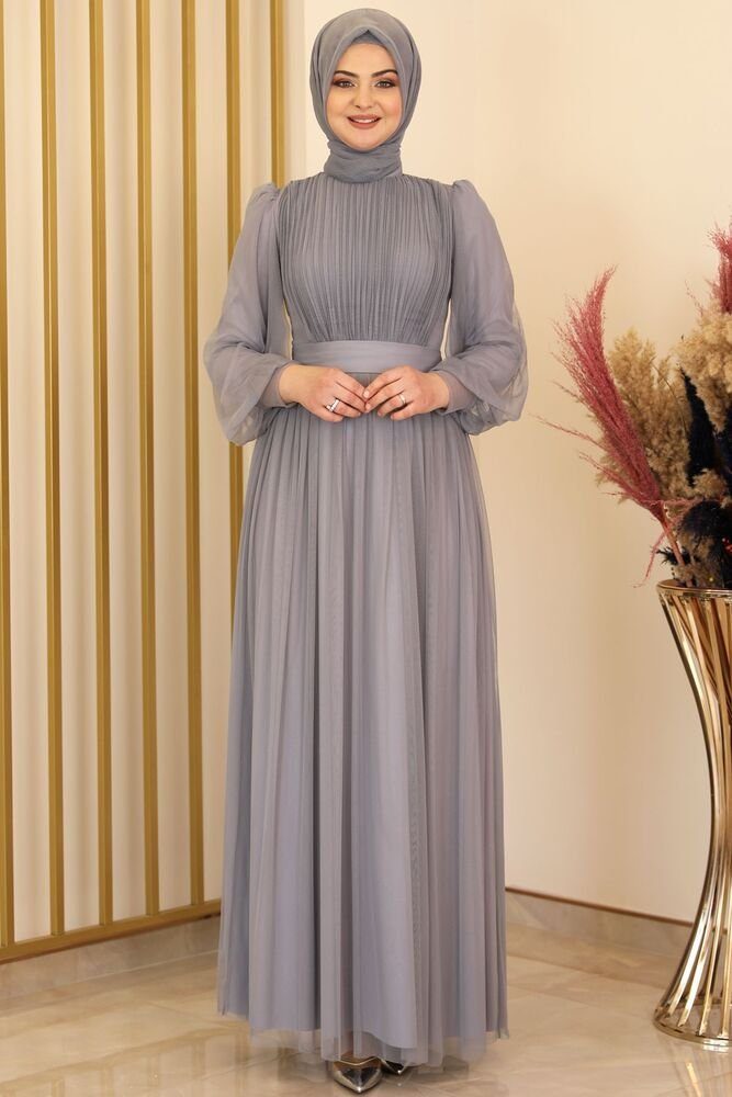 Grau Damenkleid Abiye Hijab Tüllkleid Abaya Maxikleid Abendkleid Langärmliges Kleid Modavitrini