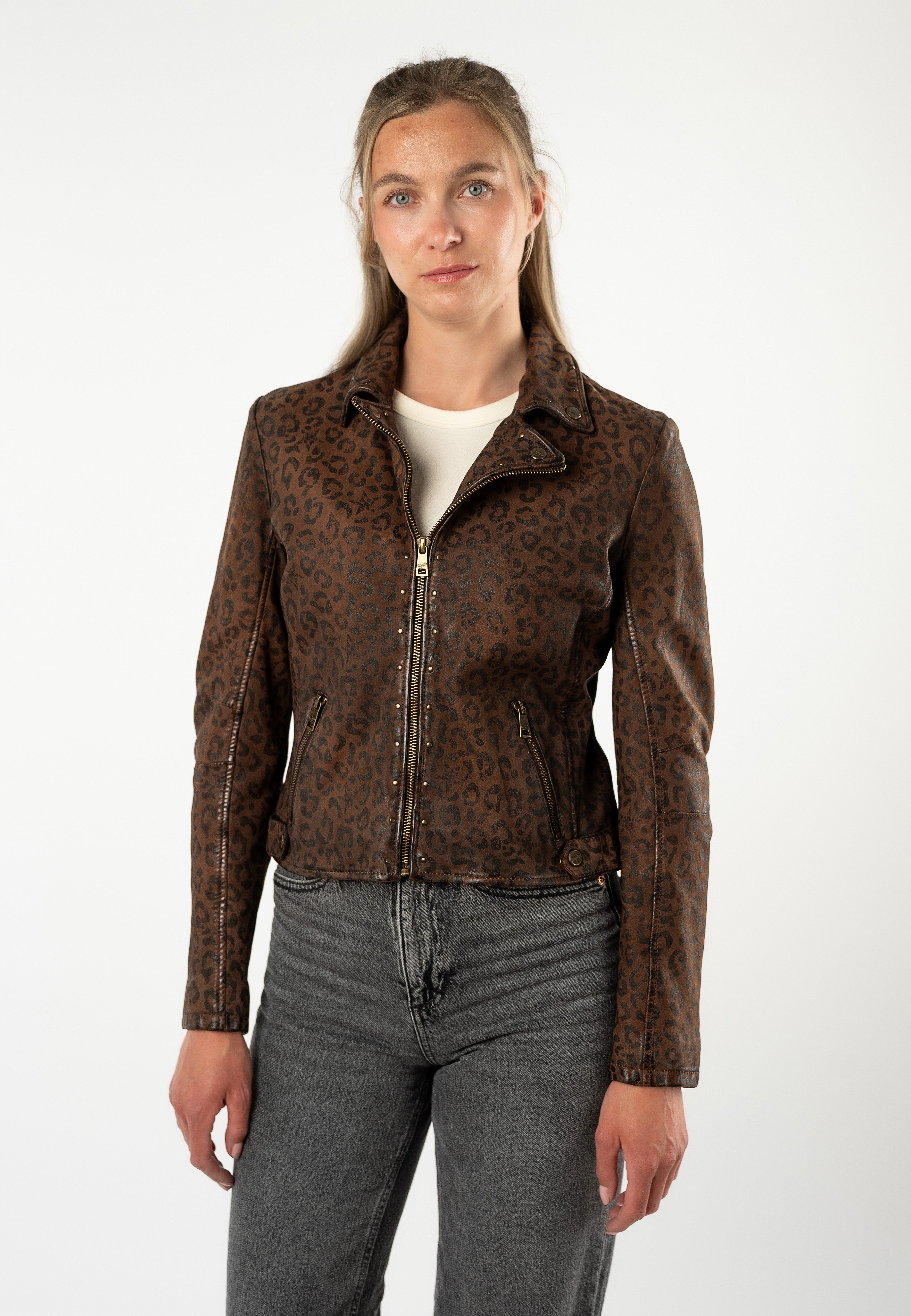 Mauritius Lederjacke MWNyxa mit dekorativem Nietenbesatz, Leo-Print