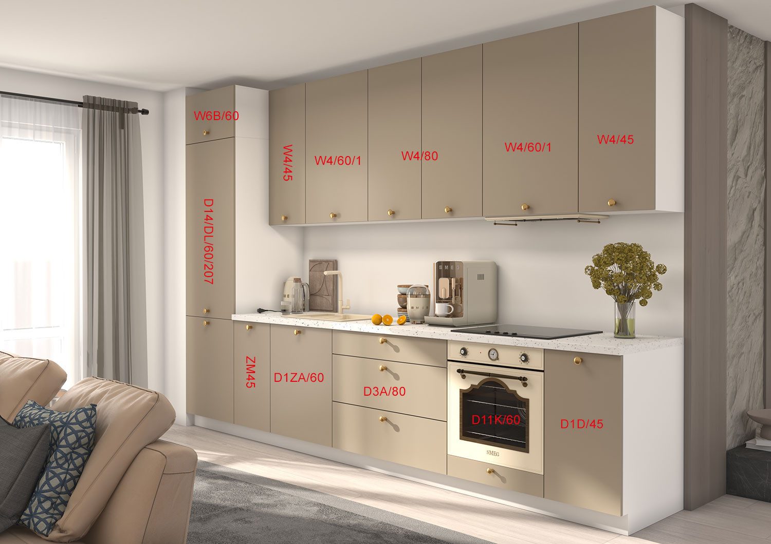 Feldmann-Wohnen Küchenzeile Bonn, (Schubladen mit Vollauszug und Selbsteinzug (HETTICH InnoTech Atira), 350x59x243cm weiß / stone grey matt, 12-teilig, Fronten matt