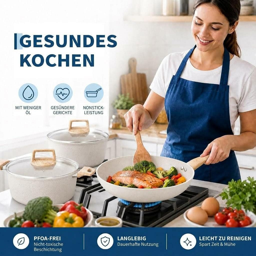 GarveeMore Topf-Set 14-tlg. Töpfe- & Pfannenset, induktionsgeeignet, Aluminium (Set, 14-tlg., Pfannen, Kasserolle, Schmorpfanne, Topf, Deckel, Schoner, Utensili – Bild 5 von 5