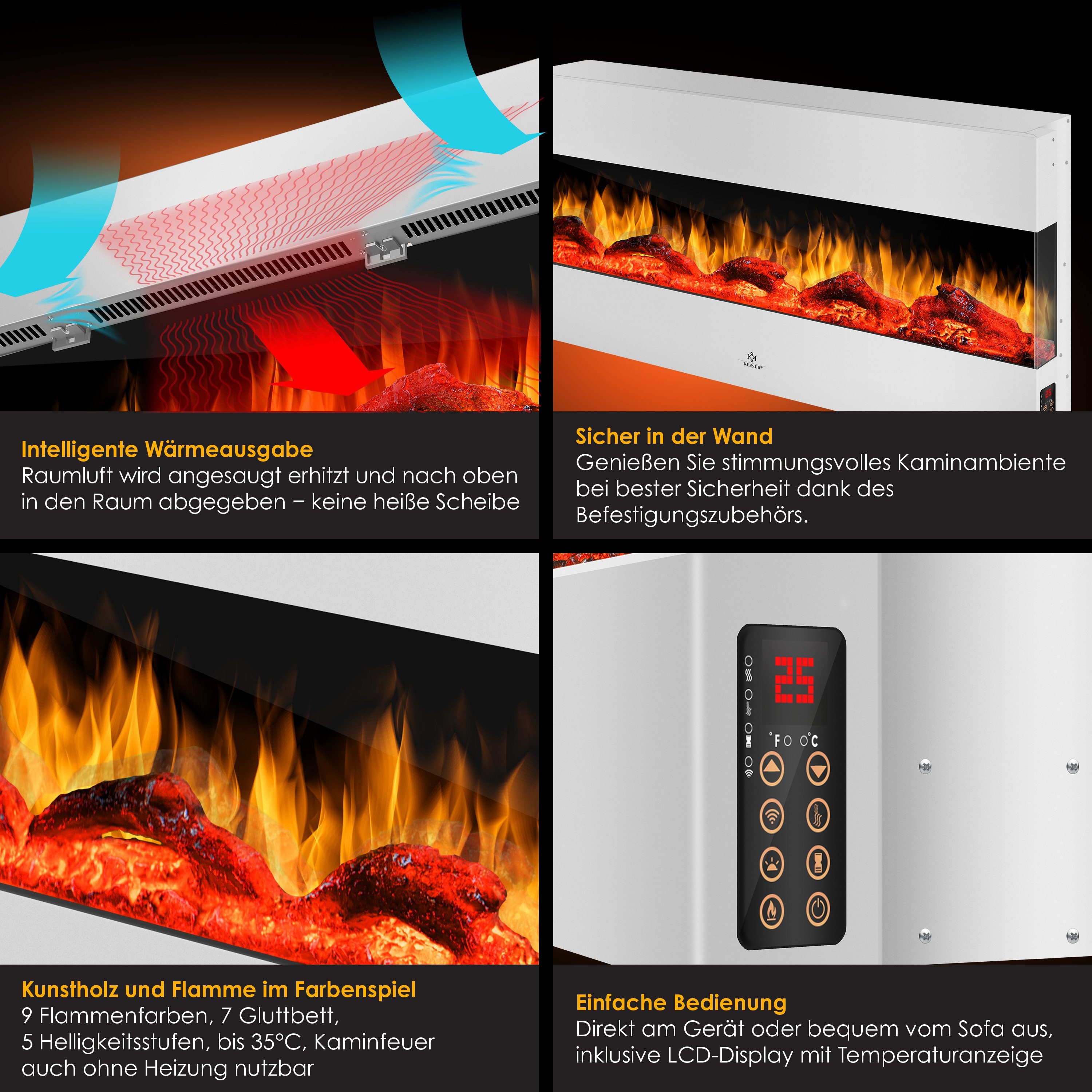 Elektrokamin mit Elektrischer weiß 3D Wandkamin Kamin Elektrokamin, KESSER Heizung Farbmodi 9
