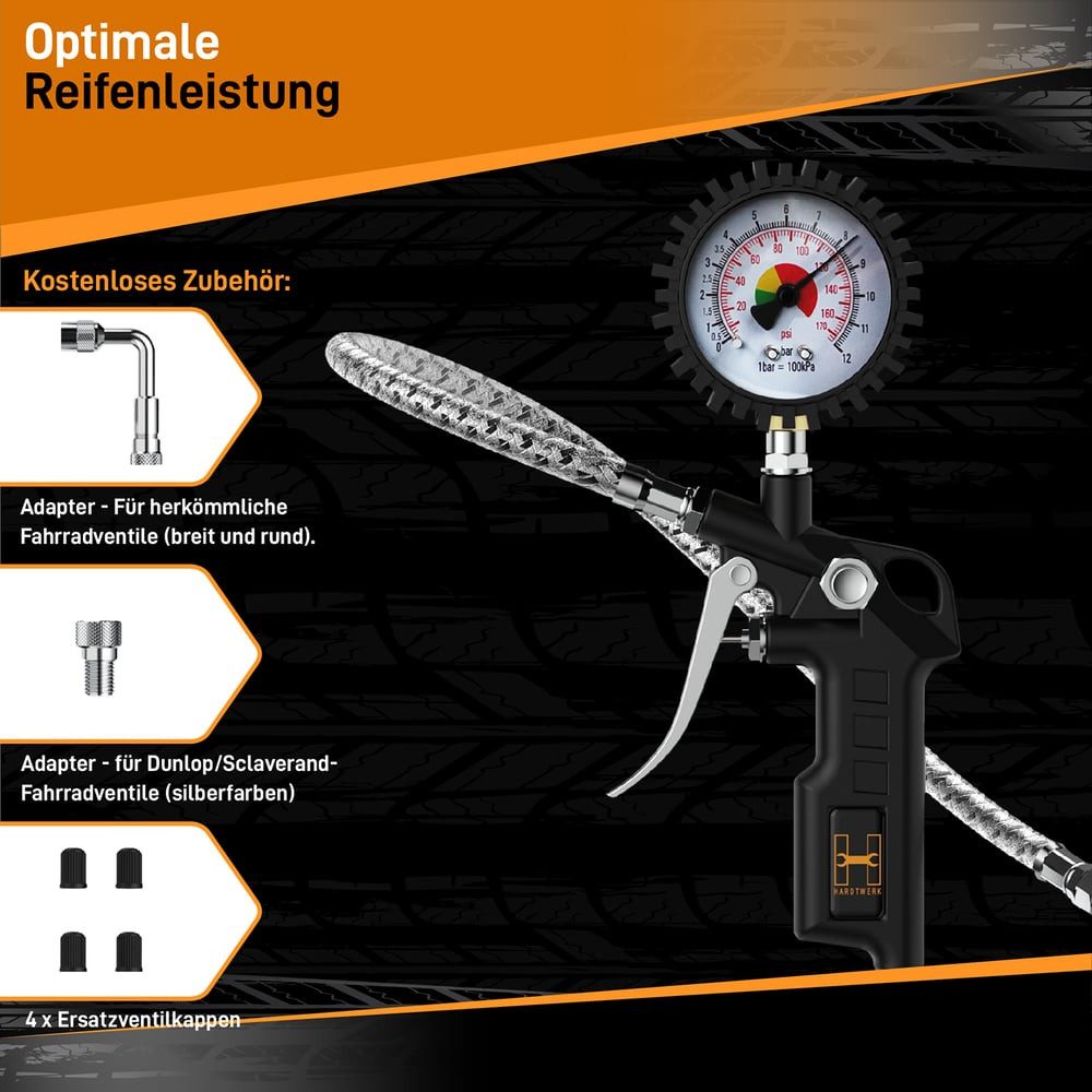 Hardtwerk® Tire Inflator Gauge, 360° Rotatable, One-Hand Operation, for Cars, Trucks, Motorcycles, Bicycles, Optimal Tire Pressure Measurement, 2 Units