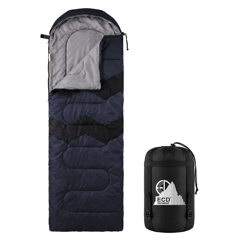ECD Germany Deckenschlafsack Schlafsack Outdoor für Camping 210 cm Hüttenschlafsack 3 Jahreszeiten, Mumienschlafsack Dunkelblau wasserdicht kleines Packmaß leicht & warm