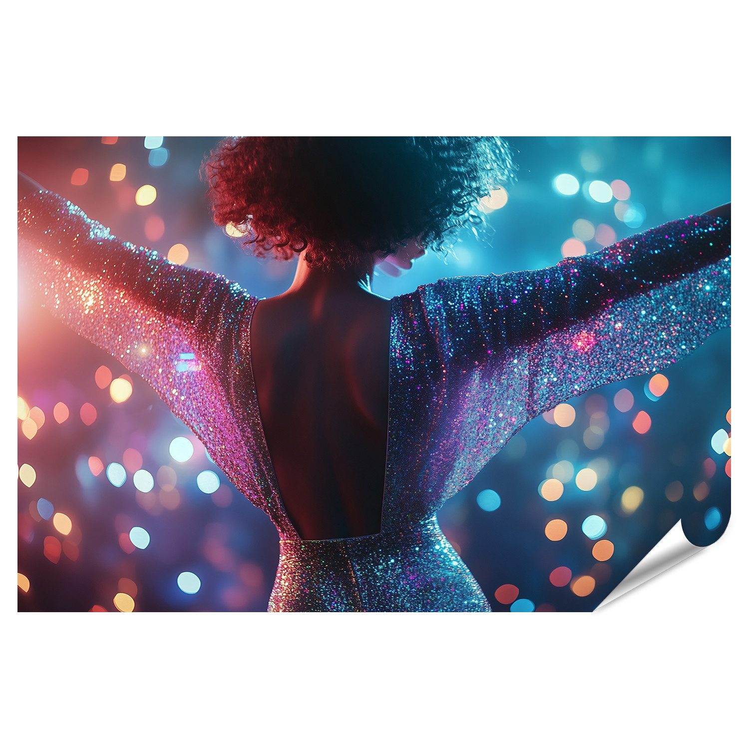 islandburner Poster Frau im Glitzerkleid tanzt im Disco Licht