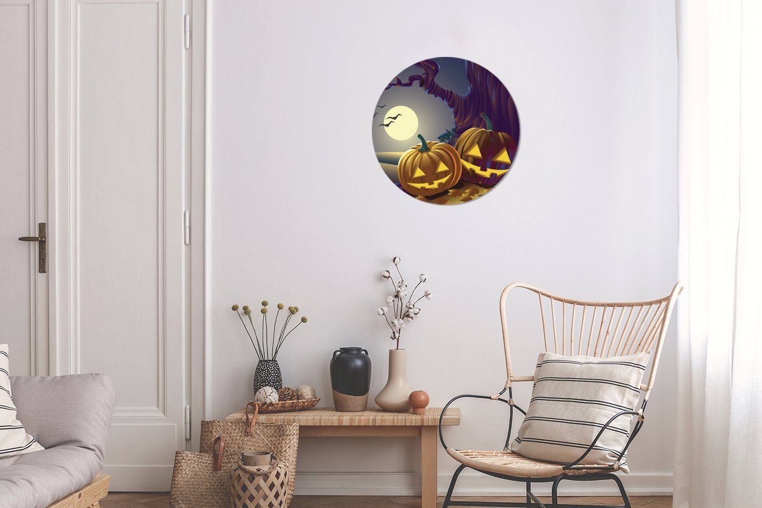 MuchoWow Gemälde Zwei Kreis Rundes einer St), 30x30 (1 Halloween-Nacht cm Illustration, Kürbisse Forex, in einer Wandbild, in Wanddekoration Wohnzimmer
