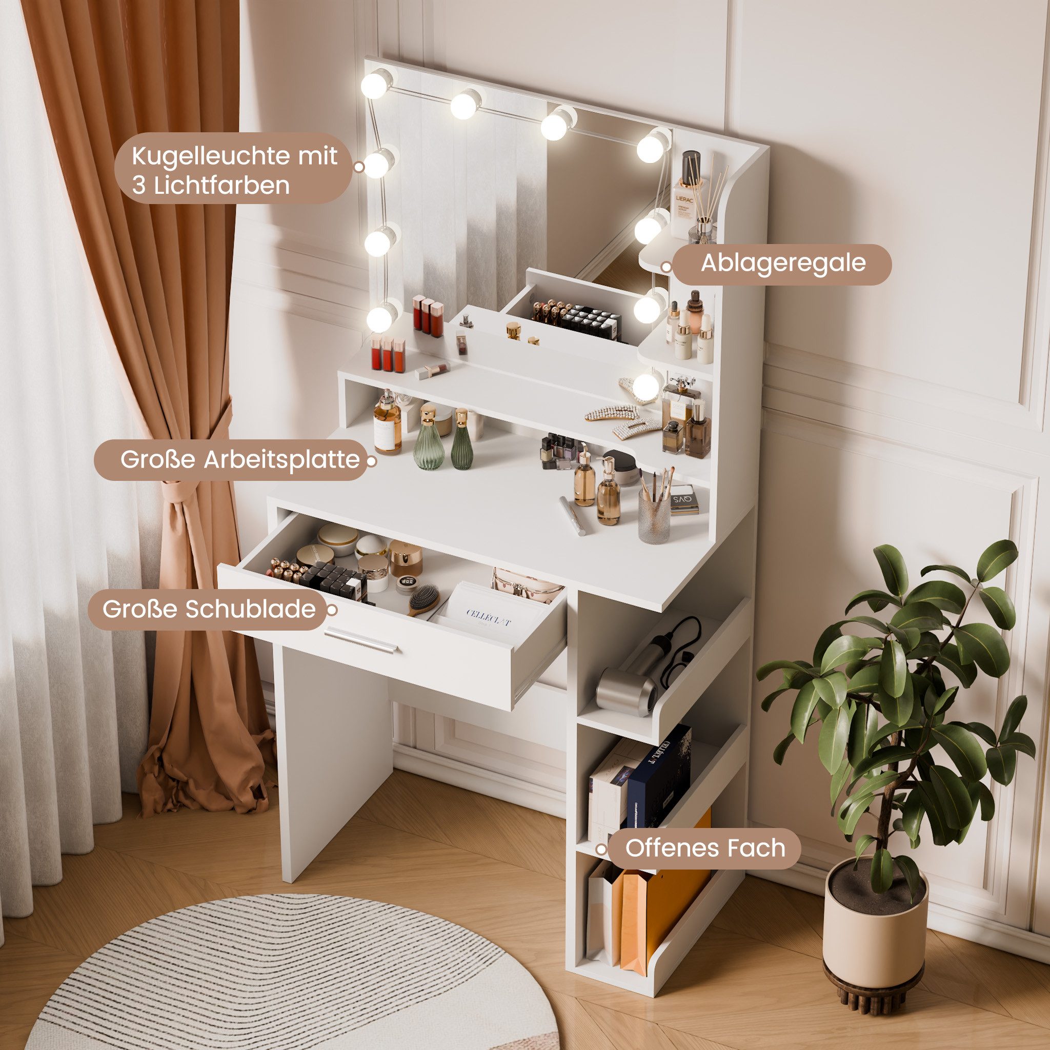 Mondeer Schminktisch Kosmetiktisch (Weiß, 67 x 36 x 138 cm), mit Spiegel und 10 LED-Lichtkugeln,1 Schublade und 7 Offenen Fächern – Bild 4 von 5