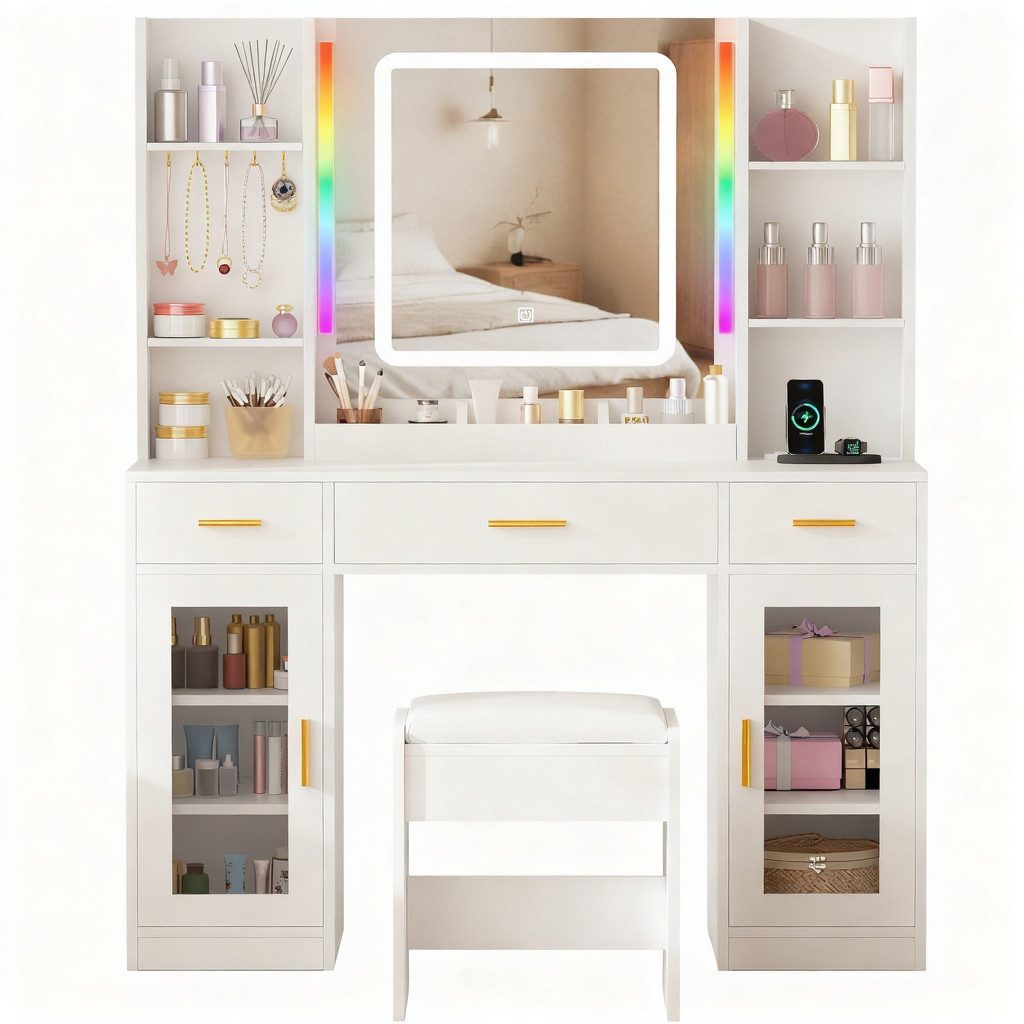 BEWISHOME Schminktisch mit Spiegel und Hocker, 3 Schubladen, 2 Türen, 110 x günstig online kaufen