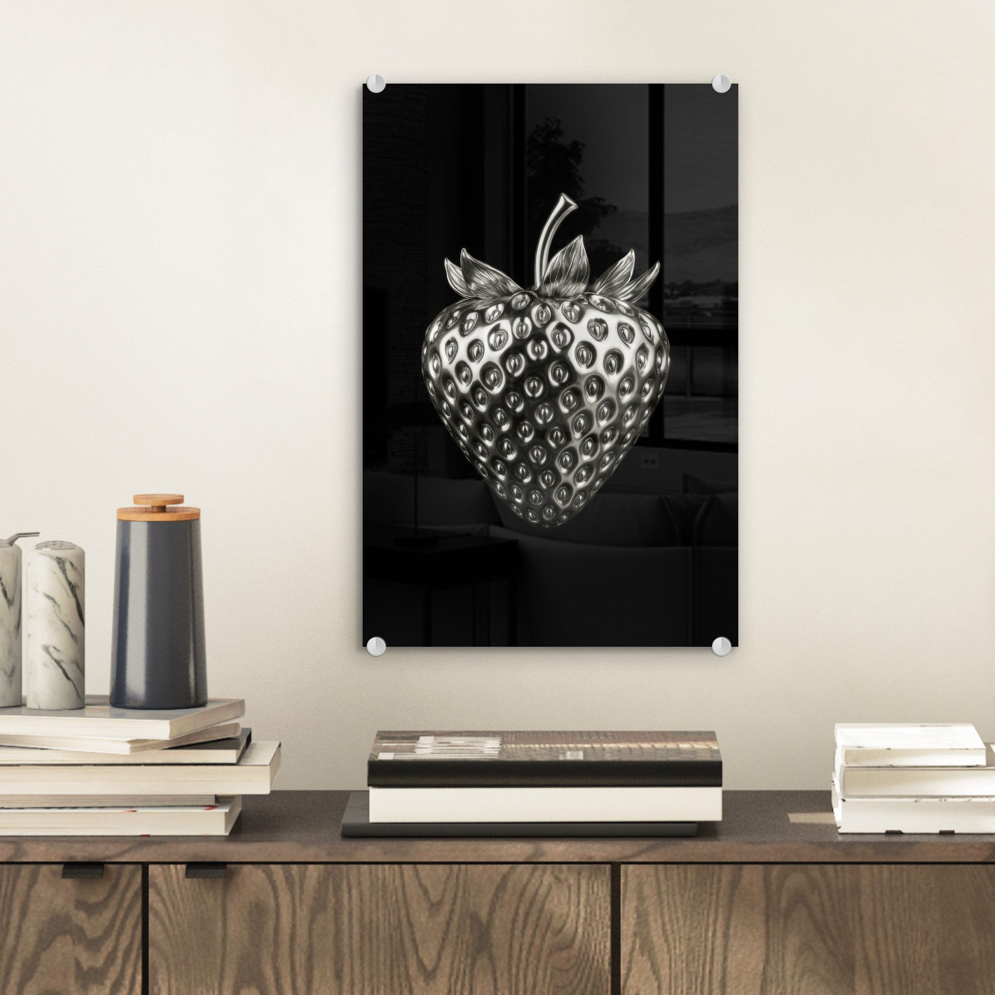MuchoWow Acrylglasbild Erdbeere - Saatgutstruktur - Realistisch, Inkl. Aufhängung, Dekorative Bild für Küche & Wohnzimmer auf Glas, 20x30 cm – Bild 2 von 5