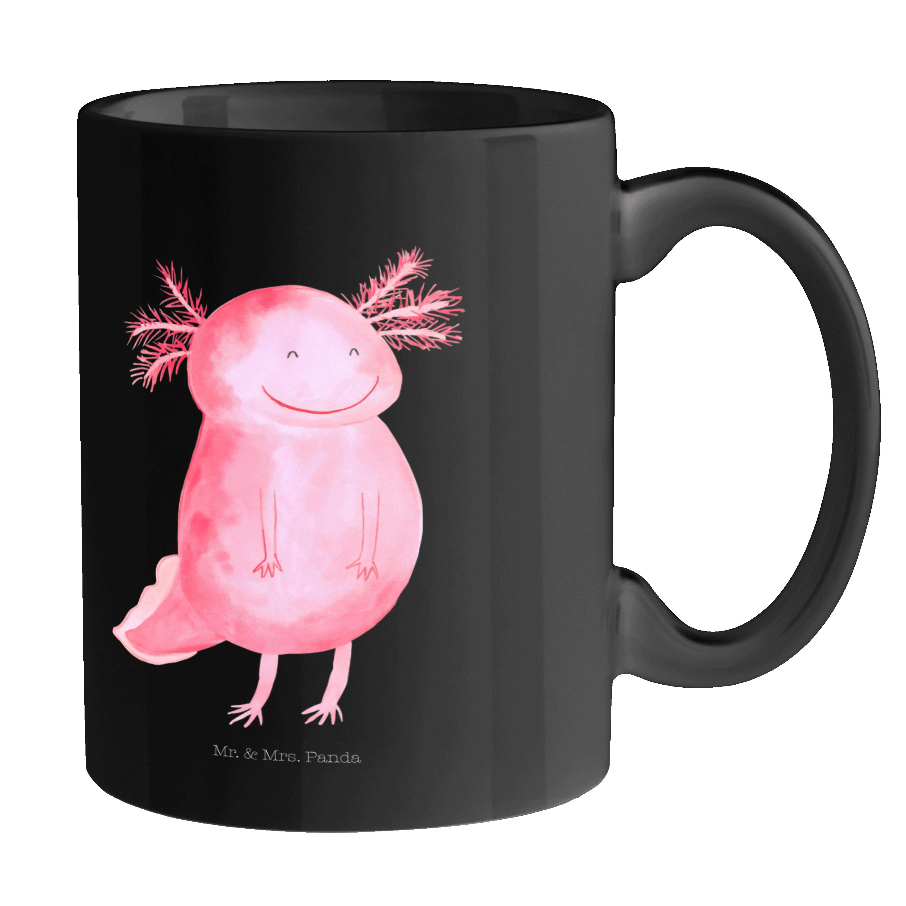 Mr. & Mrs. Panda Tasse Axolotl glücklich - Schwarz - Geschenk, Lurch, Keramiktasse, Motivati, Keramik Schwarz