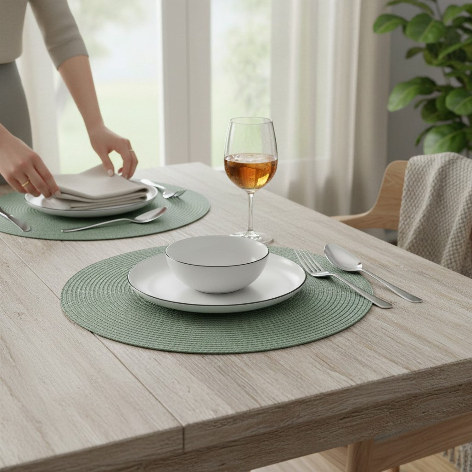 Macosa Home Platzset Tischset 4 Stk. Grün od. Natur 35 cm rund, (Tischunterlage Platzdeckchen, 4-St., Tischdeko Tischmatte Platzmatte), Polypropylen Kunststoff abwischbar