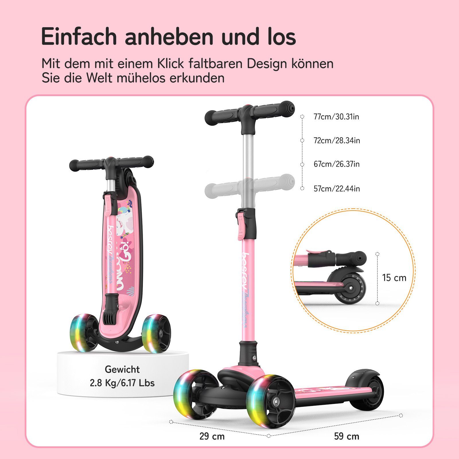 besrey Dreiradscooter Kinder Scooter Kinder Roller Kinderroller ab 2 jahre faltbar, Alle drei Räder mit LED, Kinderscooter mit ABEC-7 Kugellager