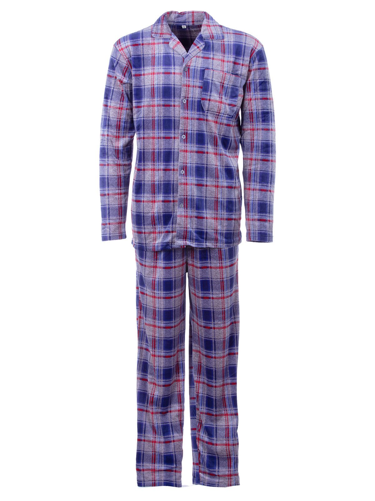 Henry Terre Pyjama Kent Langarm - Velour Karo Design Hemdkragen durchgeknöpft – Bild 3 von 5
