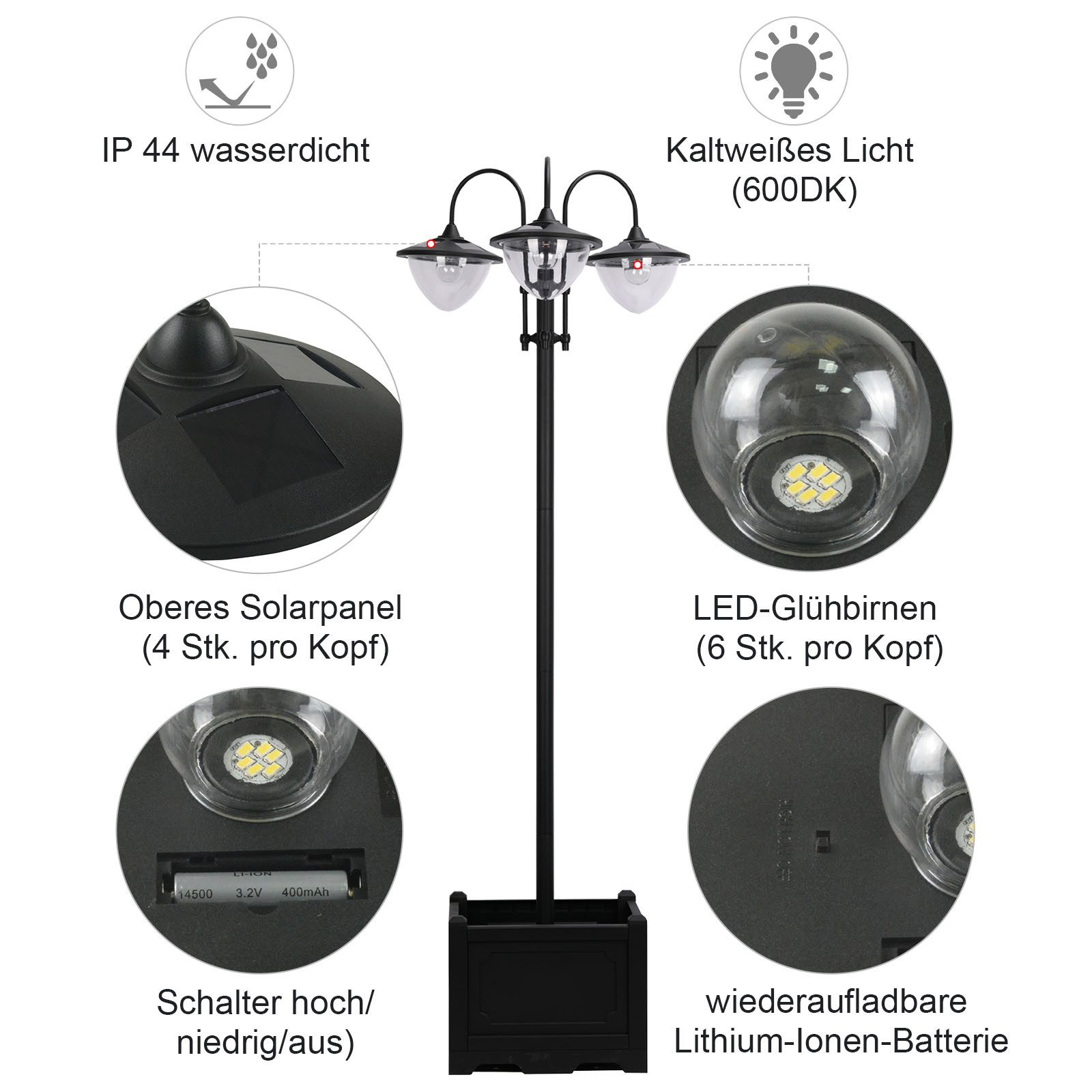 furnicato Gartenleuchte Solar Laterne Stehleuchte 189 cm, Metall, Schwarz, IP44 – Bild 5 von 5