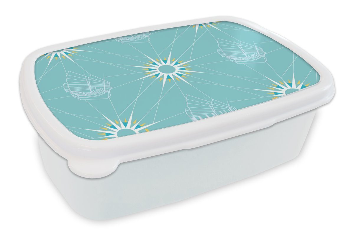 Brotbox für (2-tlg), Brotdose, und Erwachsene, Lunchbox Muster, - - Kunststoff, - Segeln Mädchen Jungs und für Kompass Kinder Boot weiß MuchoWow