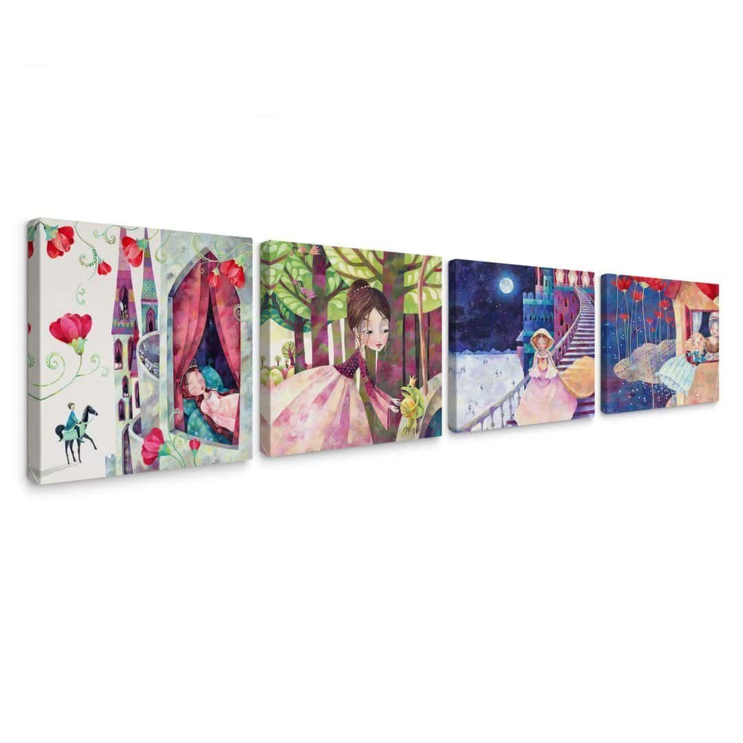 K&L Wall Art Leinwandbild Leinwandbild 4er Set Kinderzimmer Märchen Set Blanz Prinzessin Prinz, Wanddeko Holz Bilderrahmen