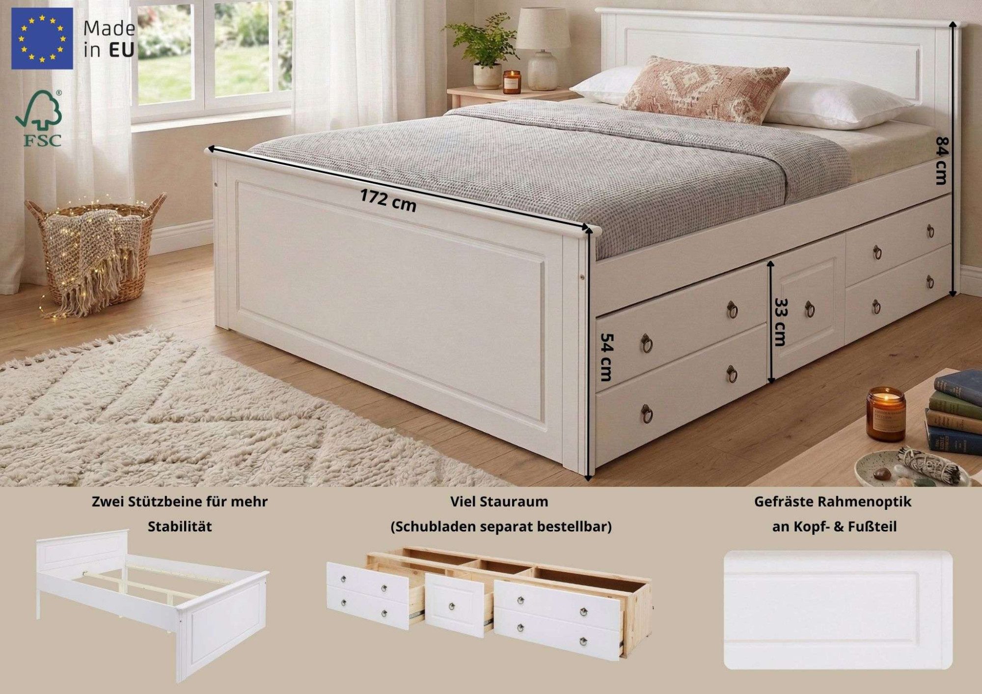OTTO home Massivholzbett Hugo, FSC® zertifiziert, Landhausstil, zeitlos und edel (auch als Super Sparset inklusive Schubkästen), Stauraumbett, extra belastbar, Made in EU, viele Breiten