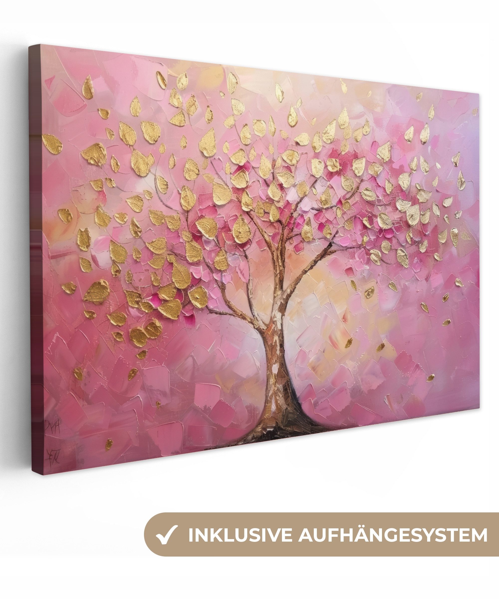 OneMillionCanvasses® Leinwandbild Baum - Rosa - Gold - Modern, Fotodruck (1 günstig online kaufen