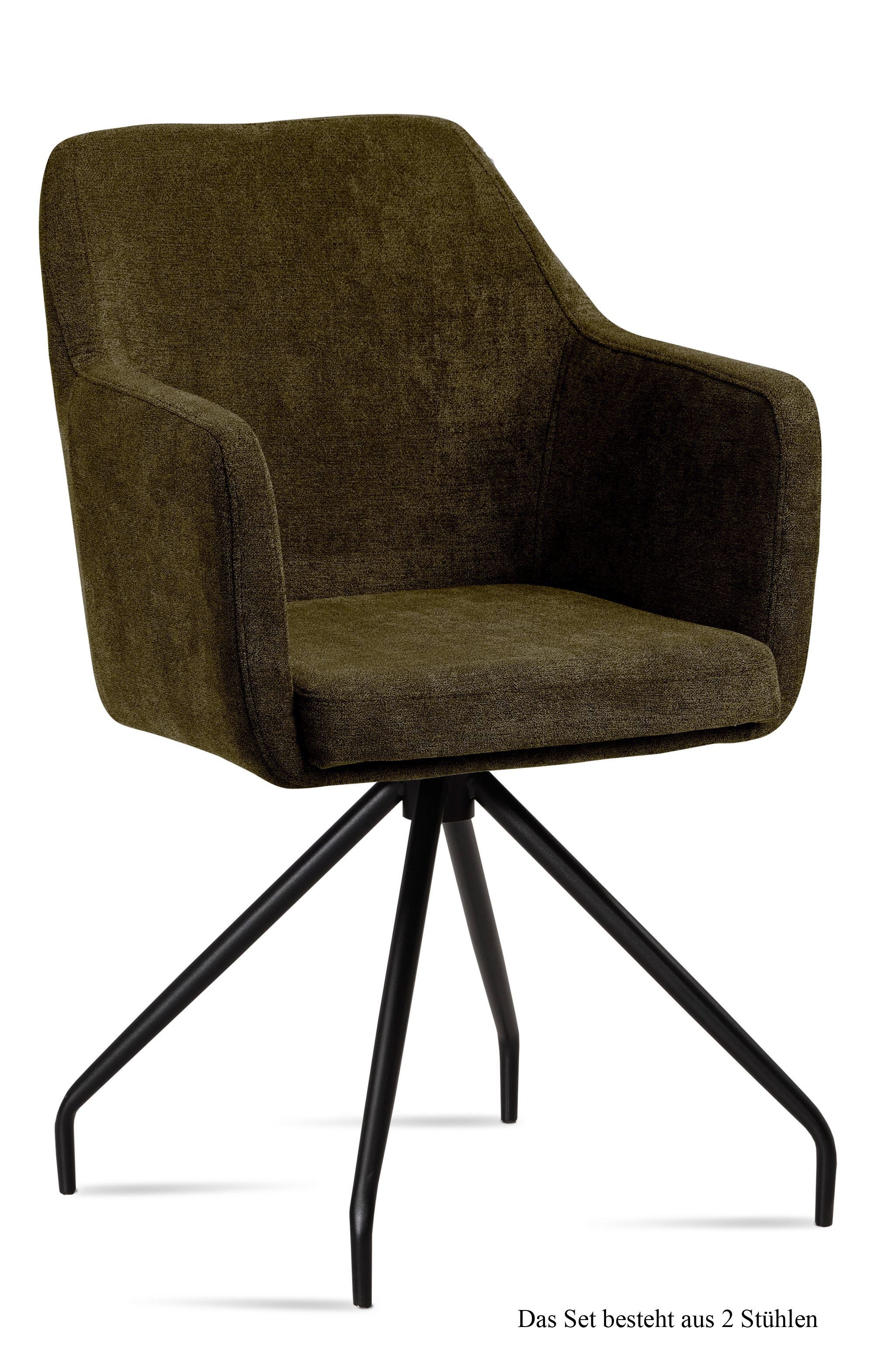 58 aufm Kessel Esszimmerstuhl Armlehnstuhl (2er-Set) Dijana 57x87x60 Schwarz/Olivgrün (Lieferung bis Verwendungsstelle, 2 St), Stabiles Gestell aus Metall pflegeleichter Bezug aus Microfaser