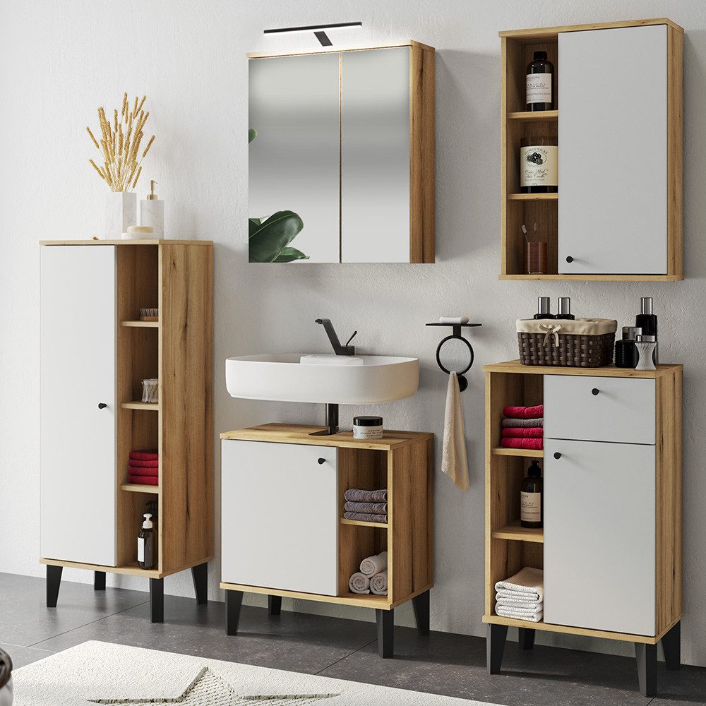 Lomadox Badmöbel-Set OLEAN-61, (Spar-Set, 5-St., Waschbeckenunterschrank Spiegel Midischrank Unterschrank Hängeschrank), Eiche mit weiß Möbelfüße schwarz LED Beleuchtung modern