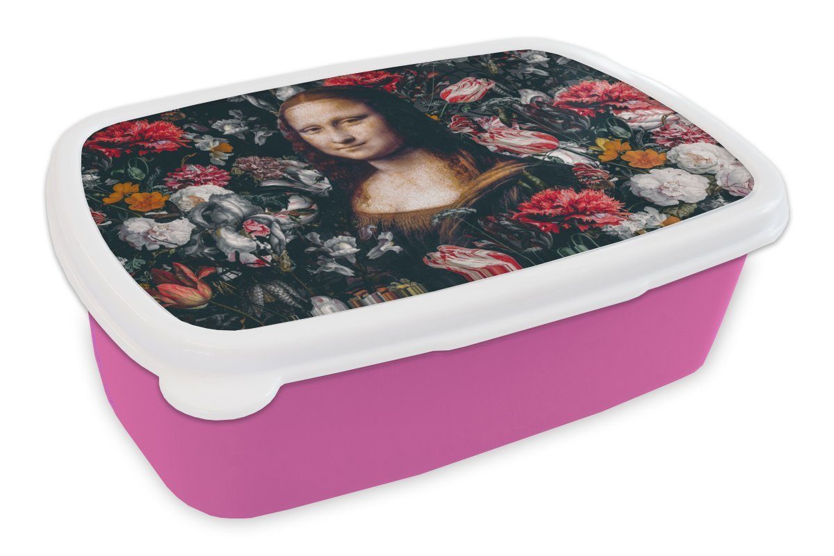 MuchoWow Lunchbox Mona Lisa - Da Vinci - Blumen - Gemälde, Kunststoff, (2-tlg), Brotbox für Erwachsene, Brotdose Kinder, Snackbox, Mädchen, Kunststoff rosa