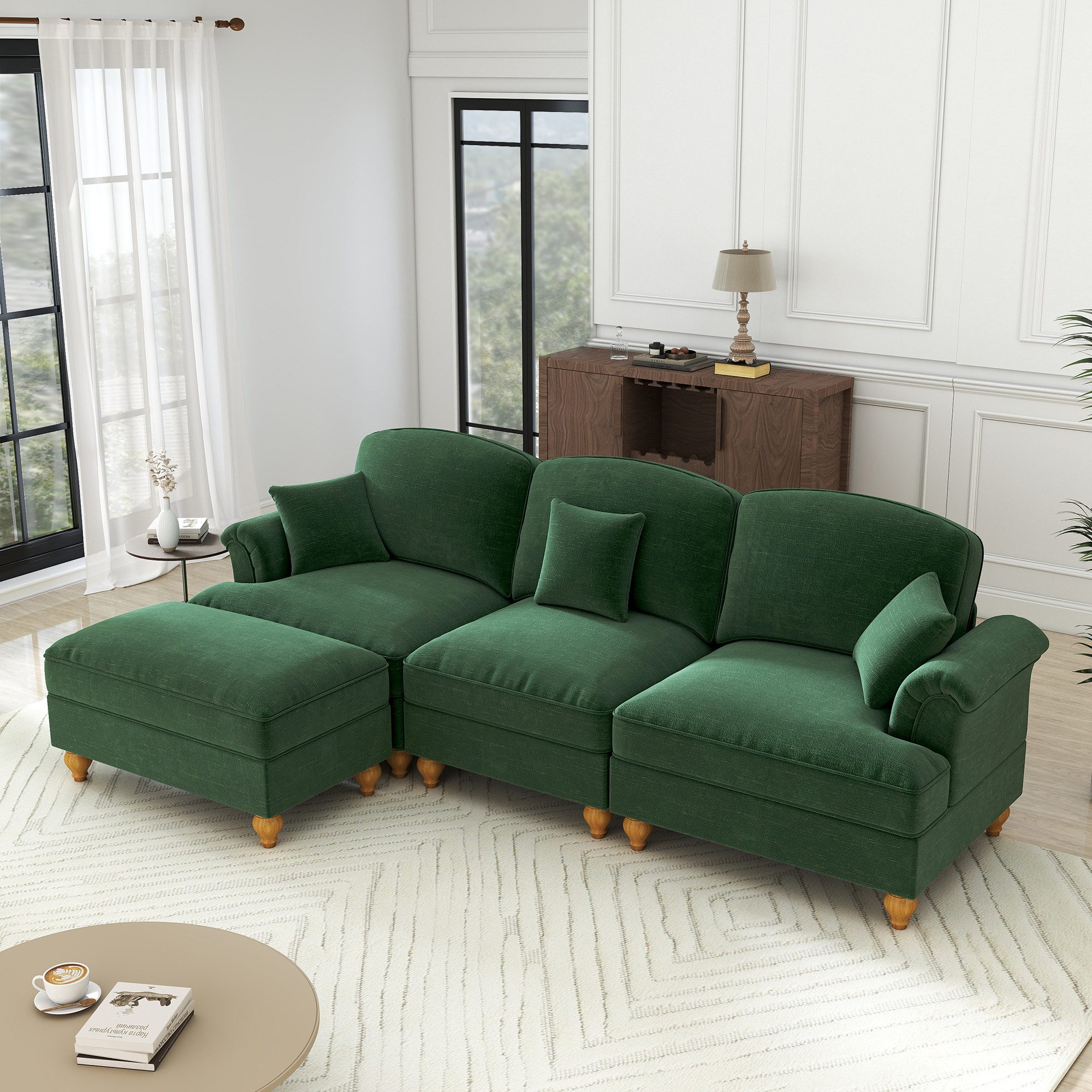 Leawin Sofa Modulares Sofa mit Bettfunktion – Sofas Wohnzimmer im Mid-Century Stil, Flexibles Chenille-Sofa mit abnehmbarer Rüschenfaltenrock & Hocker
