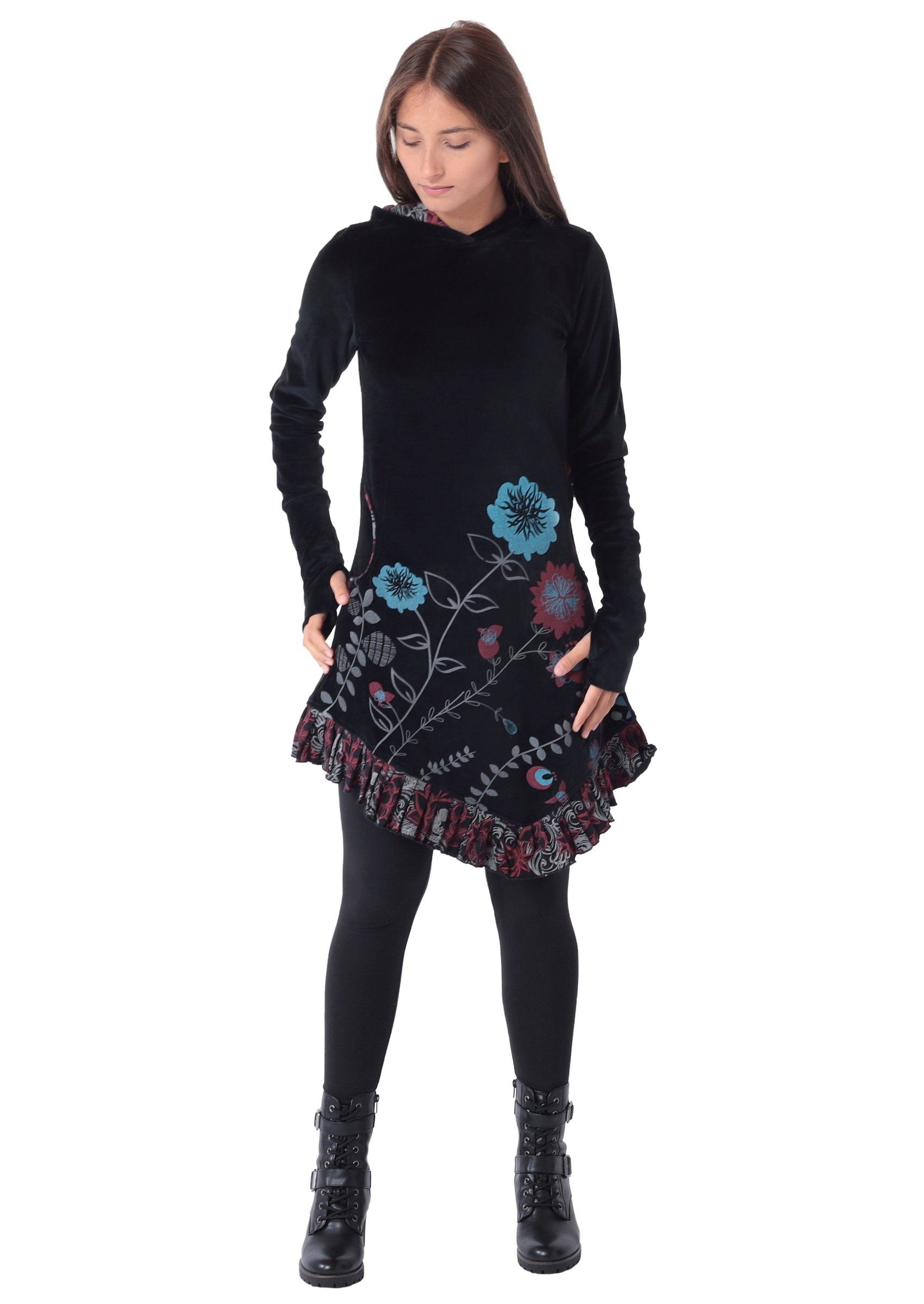 PUREWONDER Samtkleid mit Zipfelkapuze und Blumen Kleid Nr. 15 Schwarz XXL G günstig online kaufen