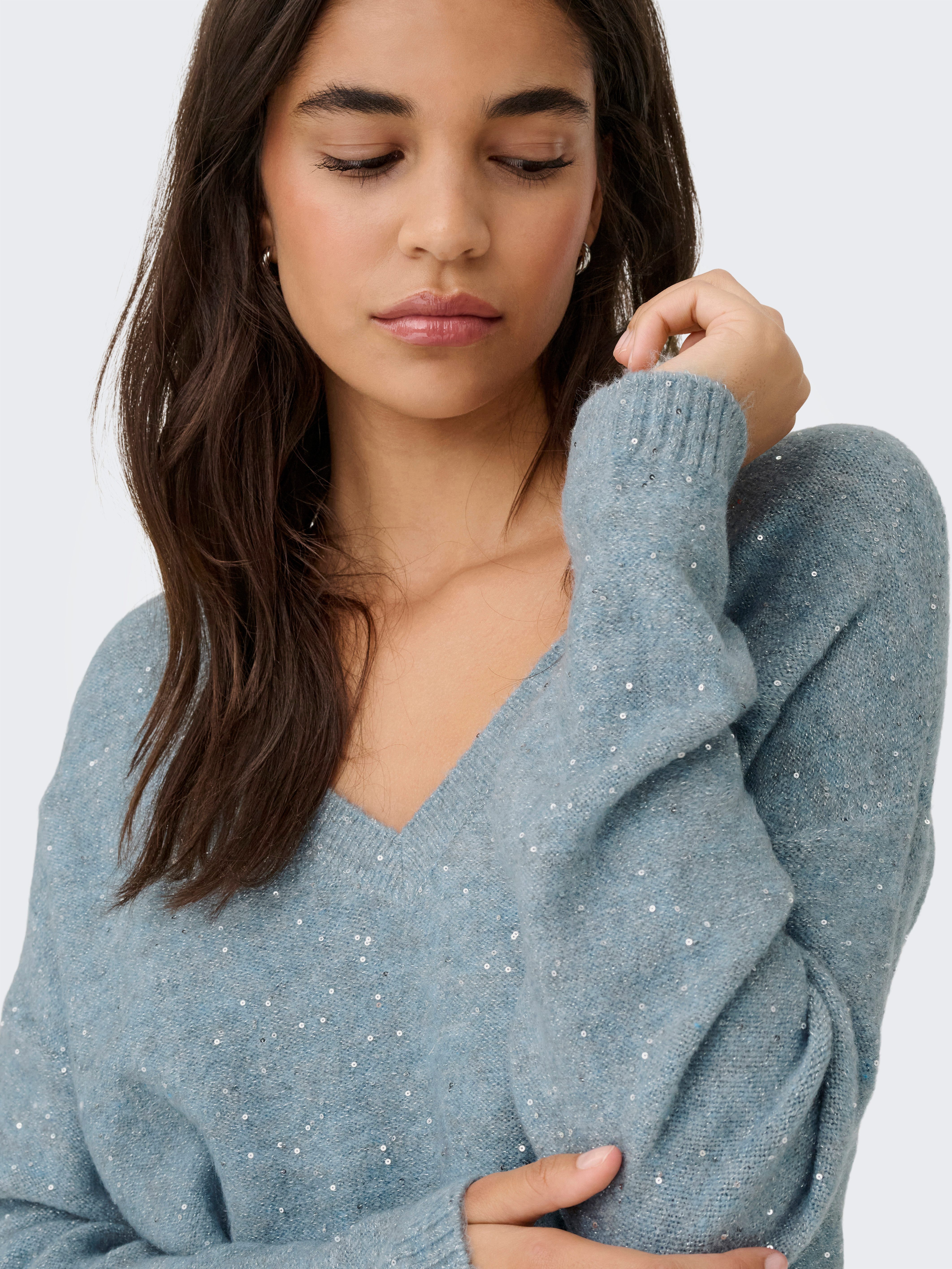 ONLY Strickpullover ONLARIZONA LS SEQUINS V-NECK PUL KNT