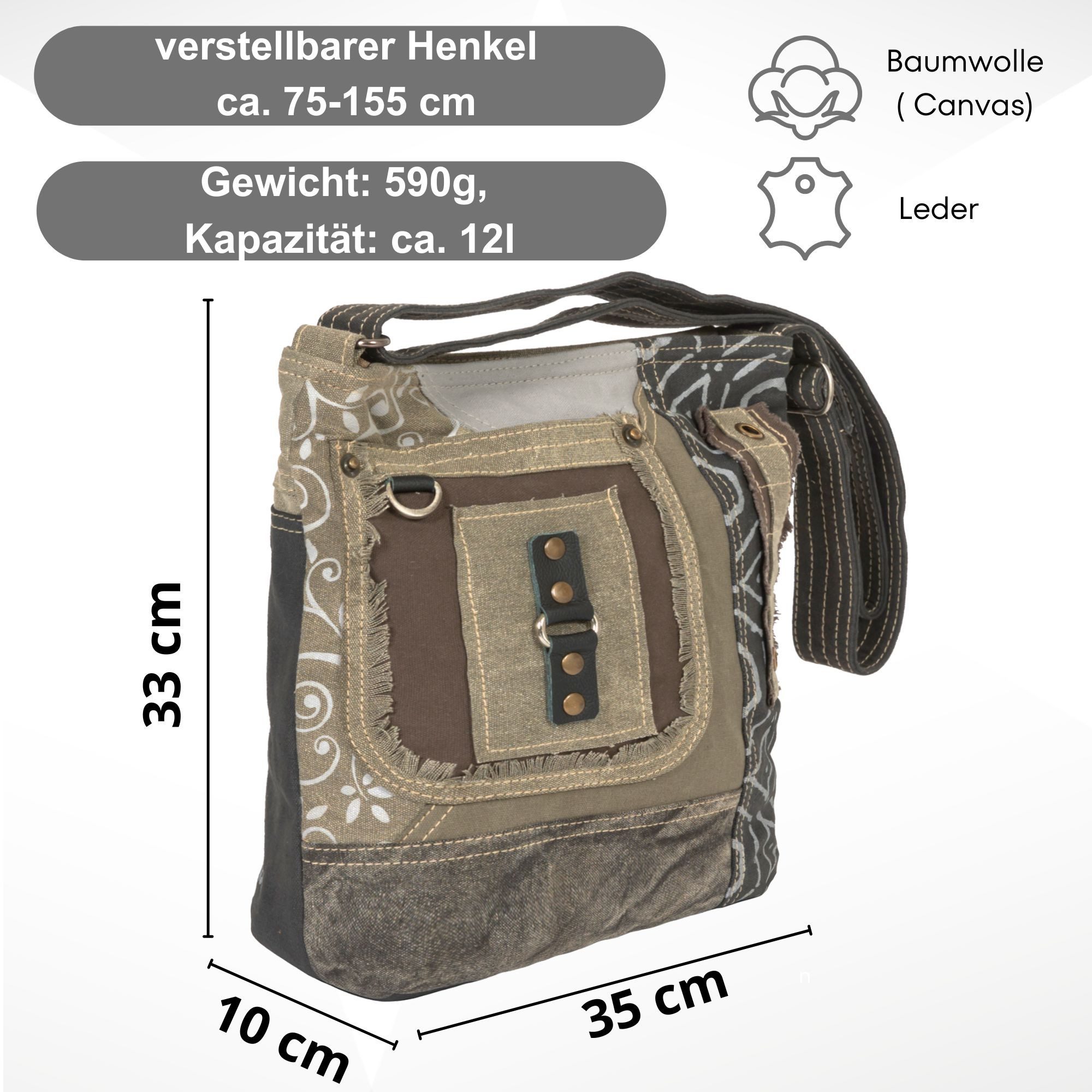 Sunsa Umhängetasche Sunsa Damen Umhängetasche. Canvas Crossover Tasche in grau Khaki, Vintage Patchwork Look