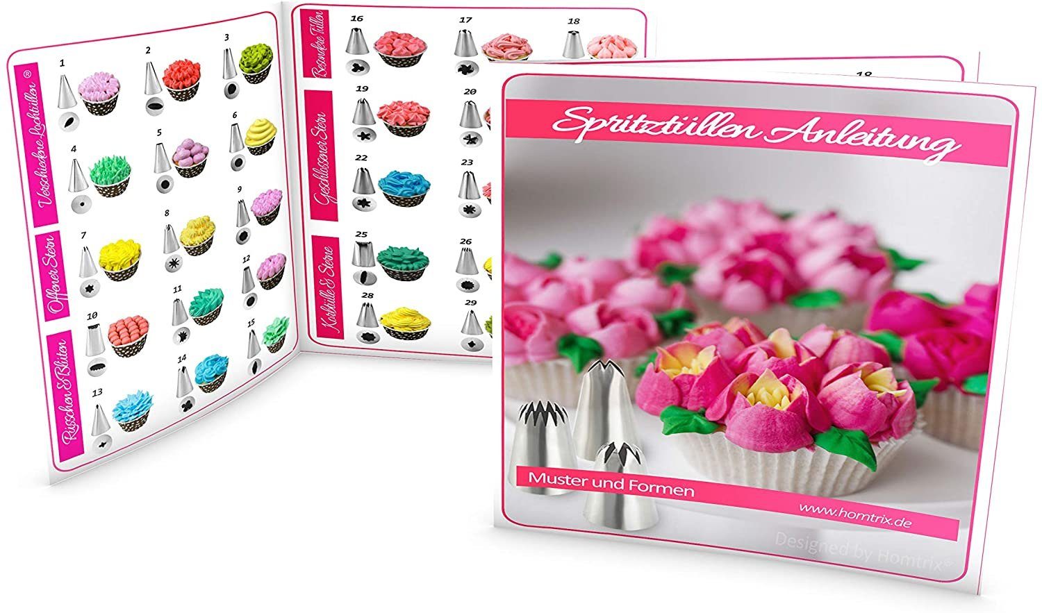 Homtrix Spritzbeutel (XXL, 72-tlg., Tortendeko Backset) 2x Silikonbeutel 47 Nummerierte Tüllen Cupcake Förmchen