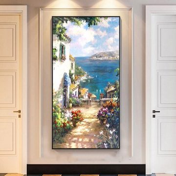 TPFLiving Kunstdruck (OHNE RAHMEN) Poster - Leinwand - Wandbild, Mittelmeer Landschaft (Leinwandbild XXL), Farben: Blau, Beige, Weiß, Grün -Größe: 20x40cm