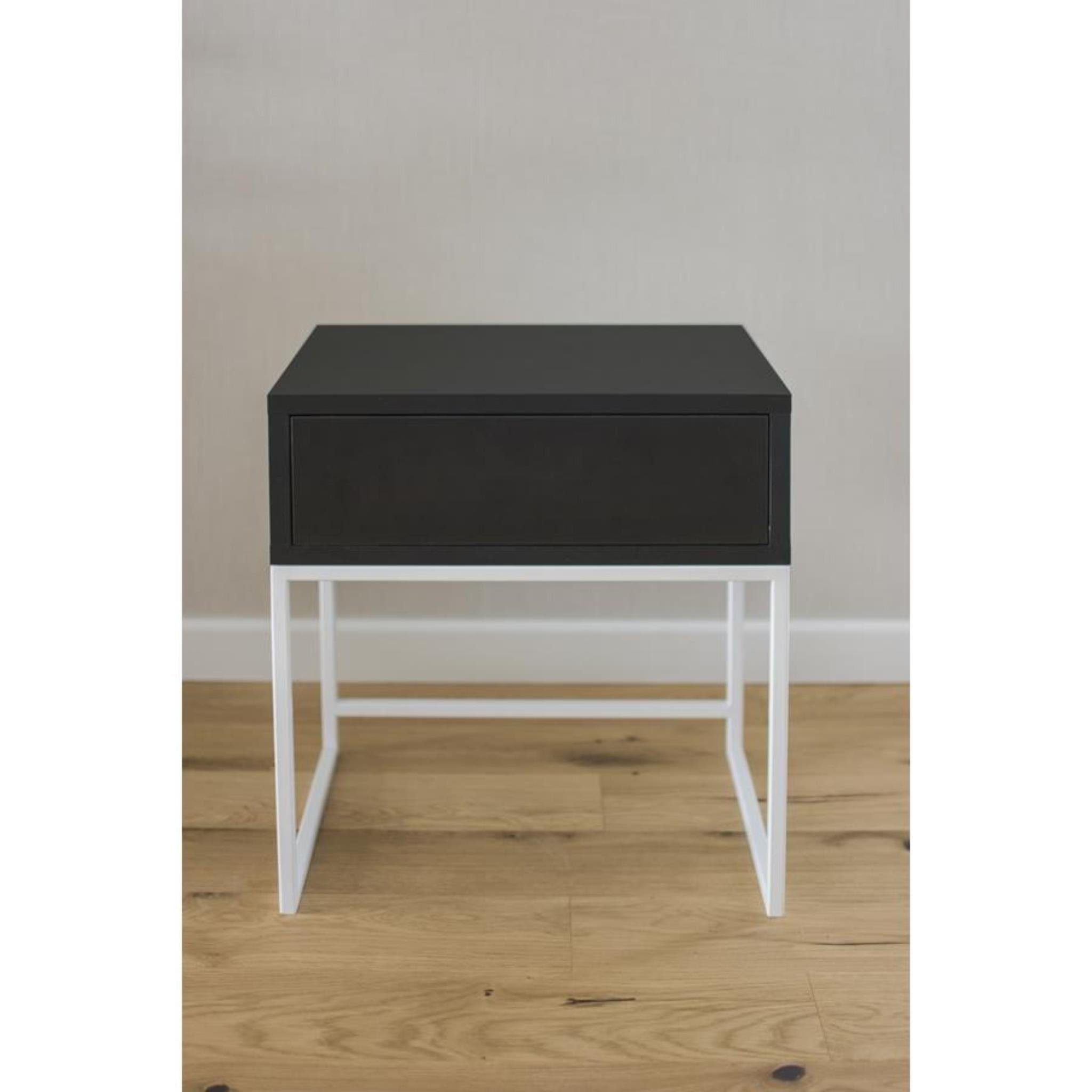 Tisch (BxHxT) mit Schwarz Nachttisch | Kerry cm (Metallgestell, Weiß Holztischplatte), Beautysofa modernes Schublade 45x50x35