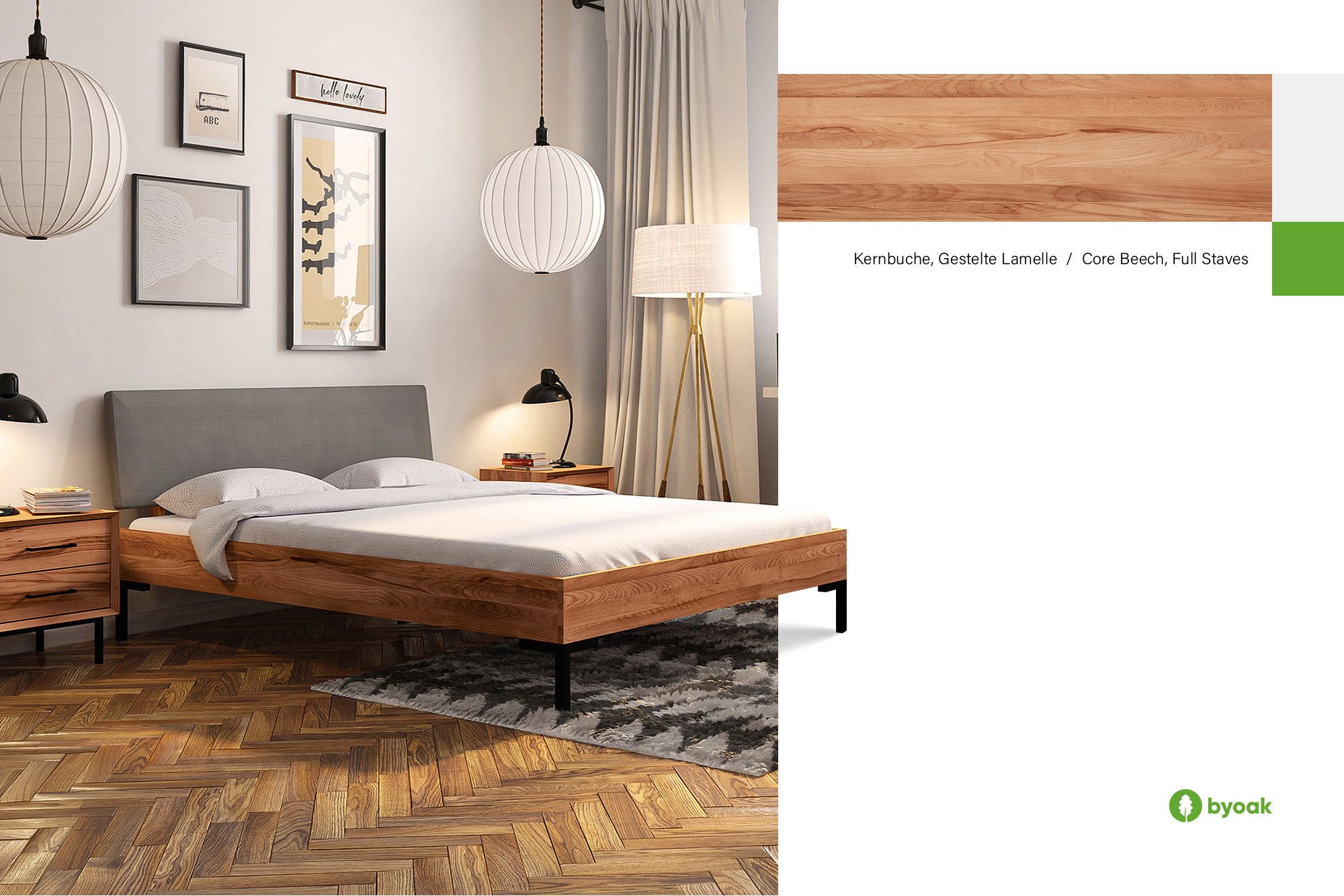 byoak Bett ABIES aus Massivholz, mit Polsterkopfteil, Naturgeölt