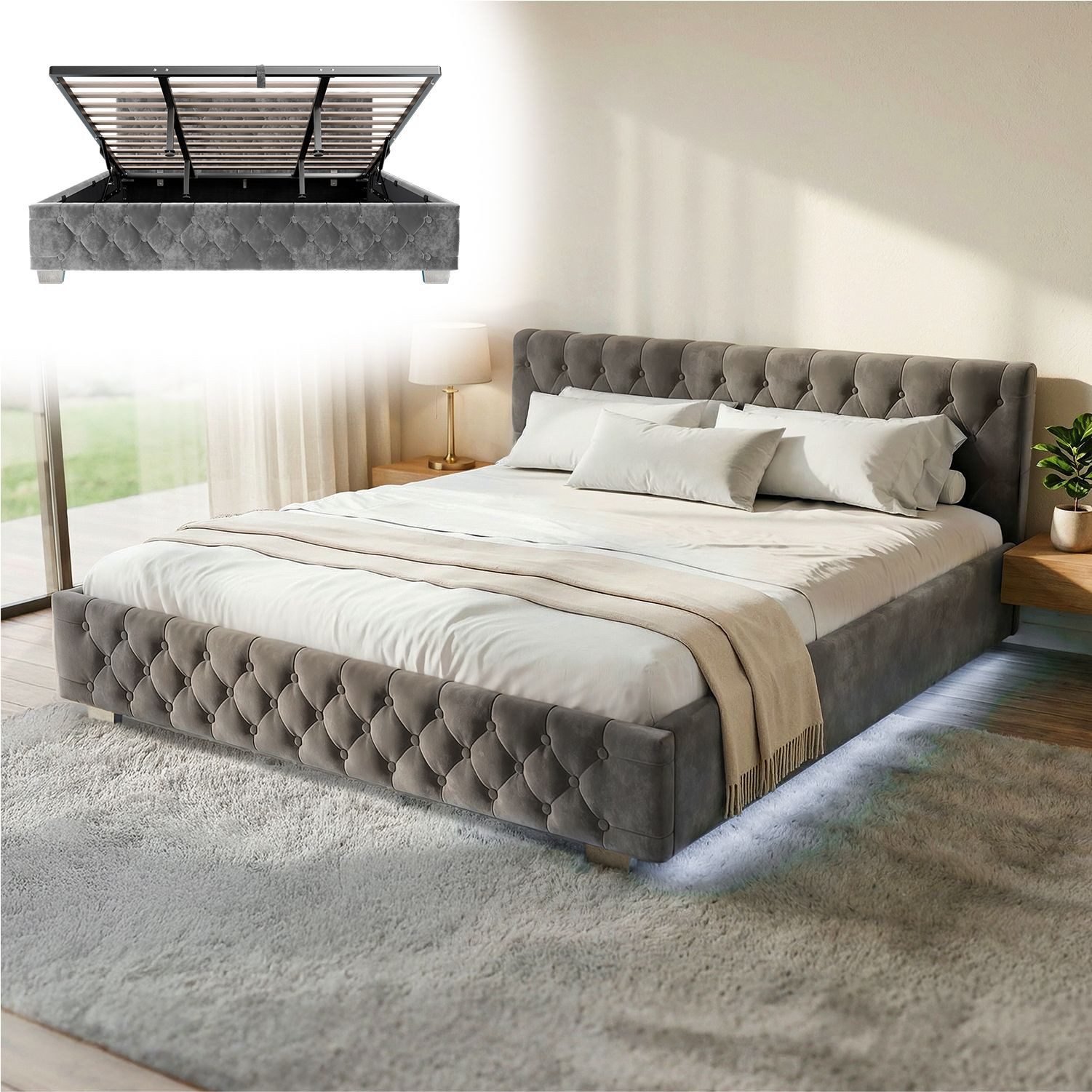 Juskys Polsterbett Nizza, Stauraum, LED Licht, Chesterfield Steppung, Samtbezug
