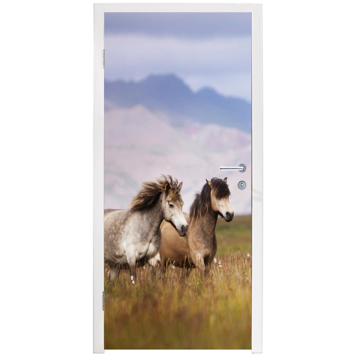 MuchoWow Türtapete Pferde - für bedruckt, Fototapete Gras (1 Matt, - Türaufkleber, cm Berge, 75x205 St), Tür