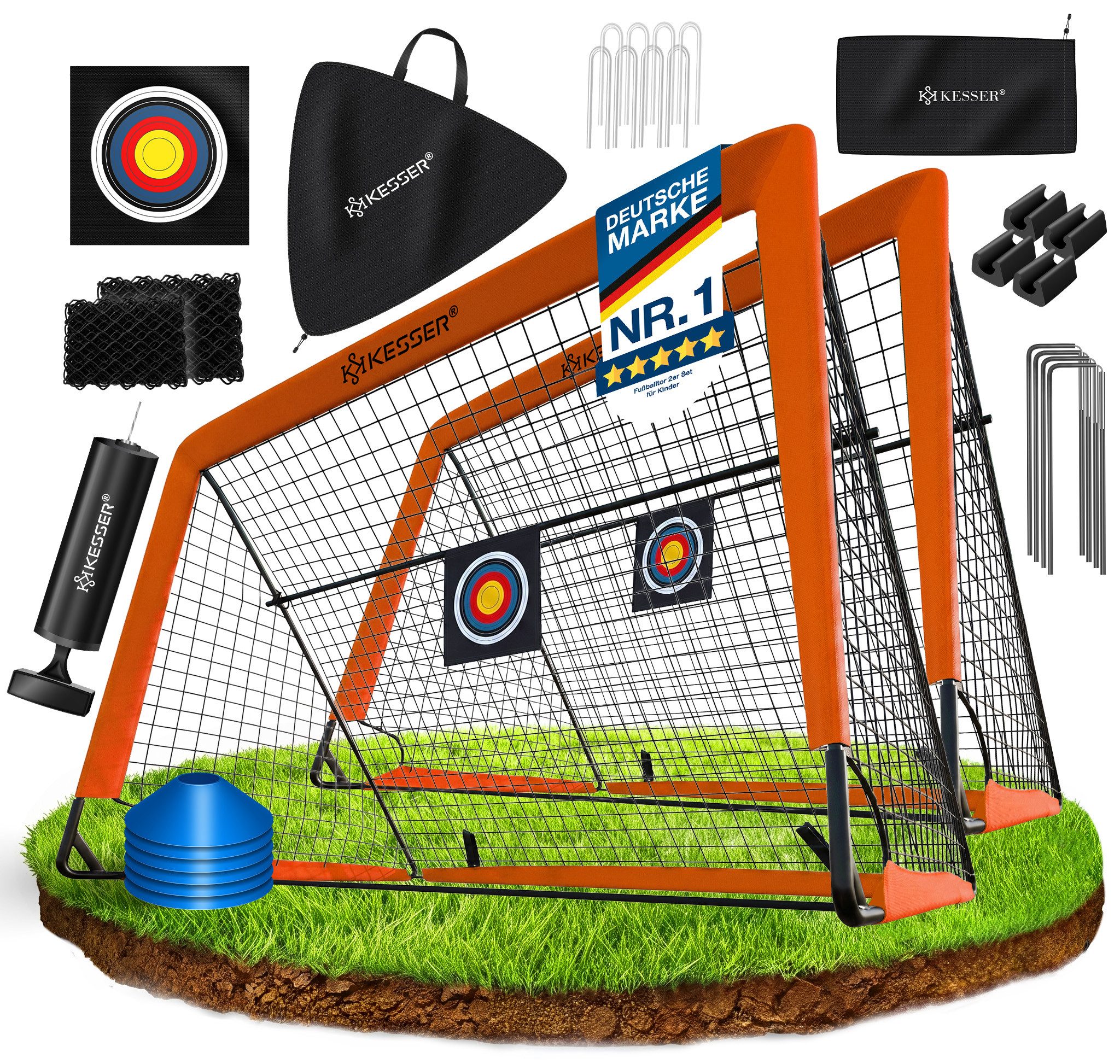 KESSER Fußballtor Set mit Tragetasche, Heringen, Zielscheibe, Hütchen & Pumpe, Pop-Up Tor mit Anti-Rutschfüßen – ideal für Training & Freizeitspiele