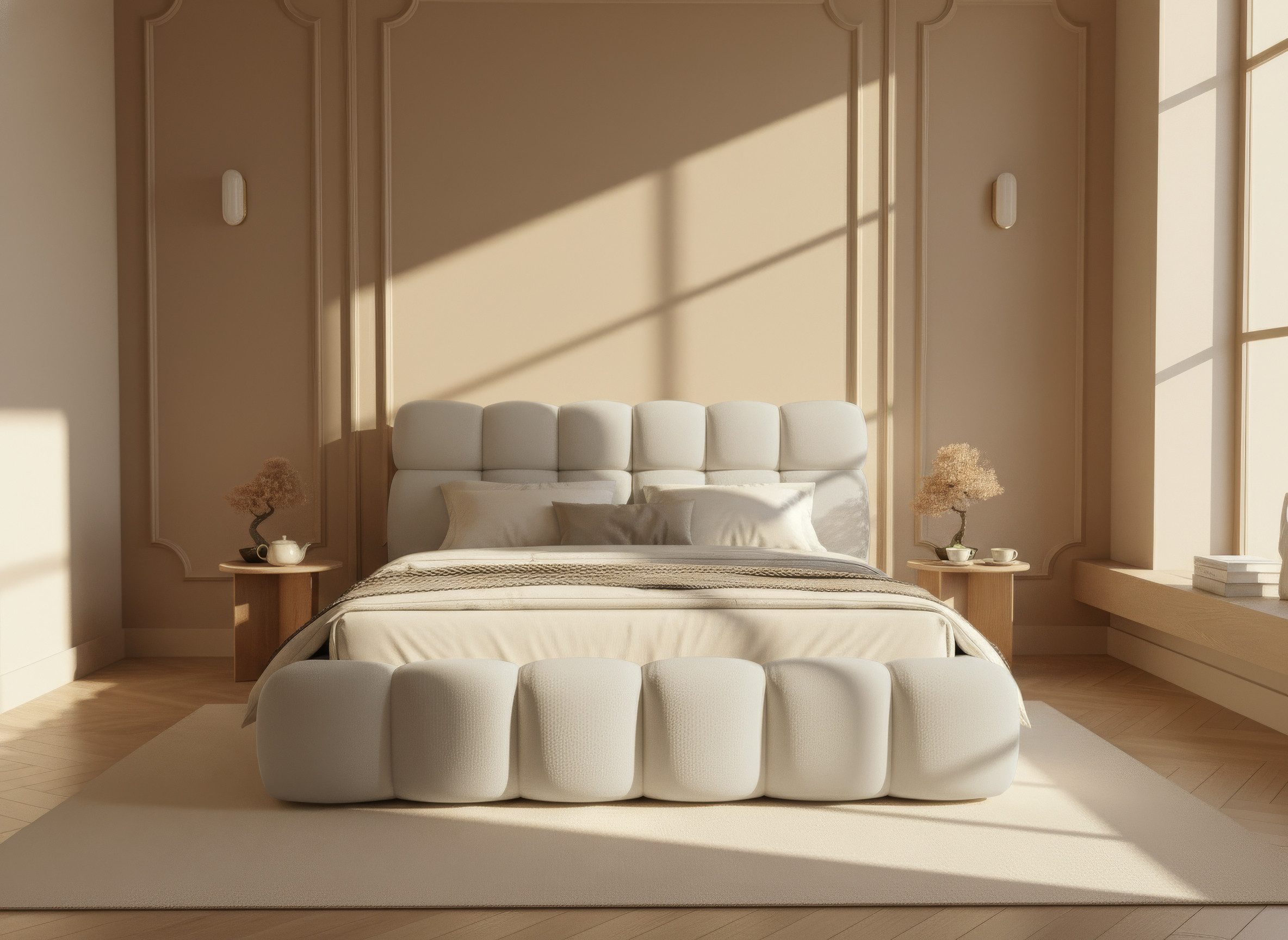 thematys Polsterbett mit Bettkasten 140x200 160x200 180x200 200x200cm (Kopfteil im Oversize-Look und Stauraum – weich, modern und pflegeleicht), hochwertiger Davis-Stoff in Grafit, Grau, Weiß, Beige und Kreme