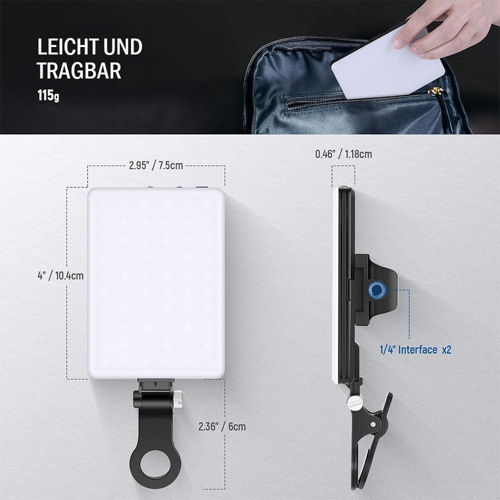 TUWENA Videoleuchte Clip On Selfie Licht, 60 LED Videolicht, Wiederaufladbares Panel-Licht, 3 Lichtmodi und 10 Helligkeit für Phone, iPhone, Android, iPad, Lapt – Bild 2 von 5