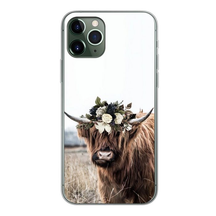 MuchoWow Handyhülle Schottischer Highlander - Blumen - Tiere Handyhülle Apple iPhone 11 Pro Smartphone-Bumper Print Handy