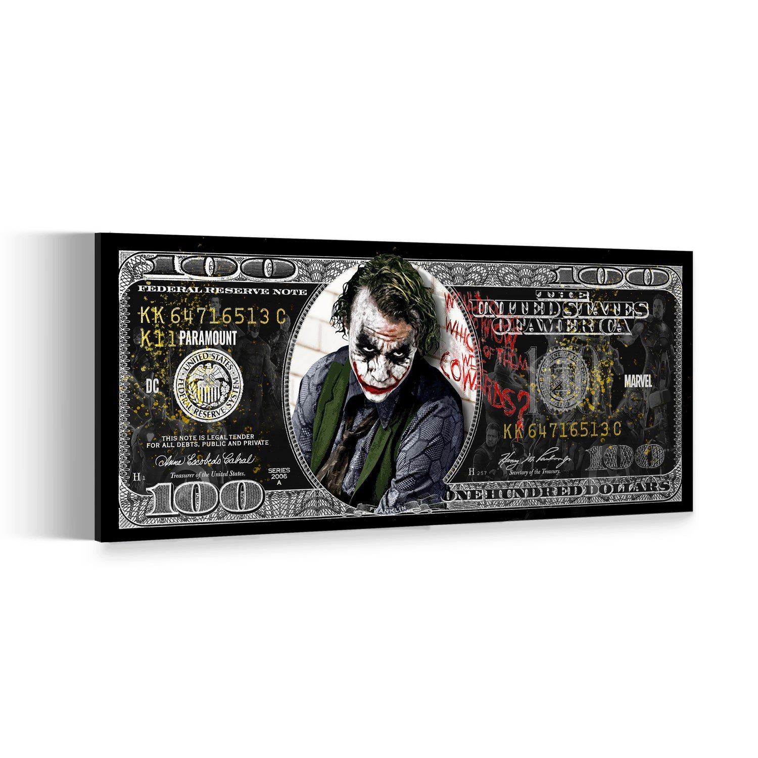 Artedinoi Leinwandbild 100 Dollar Joker Edition, Film, Comic Leinwandbild Wandbild Kunstdruck
