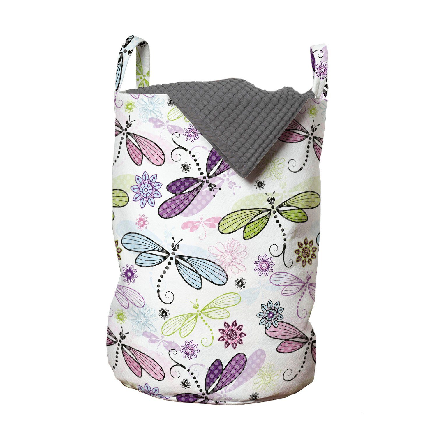 Abakuhaus Wäschesäckchen Wäschekorb mit Griffen Kordelzugverschluss für Waschsalons, Abstrakt Libellen Blumen