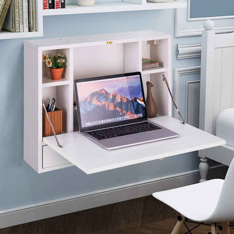 KOMFOTTEU Klapptisch Wandklapptisch, Computertisch mit Regal, aus Holz