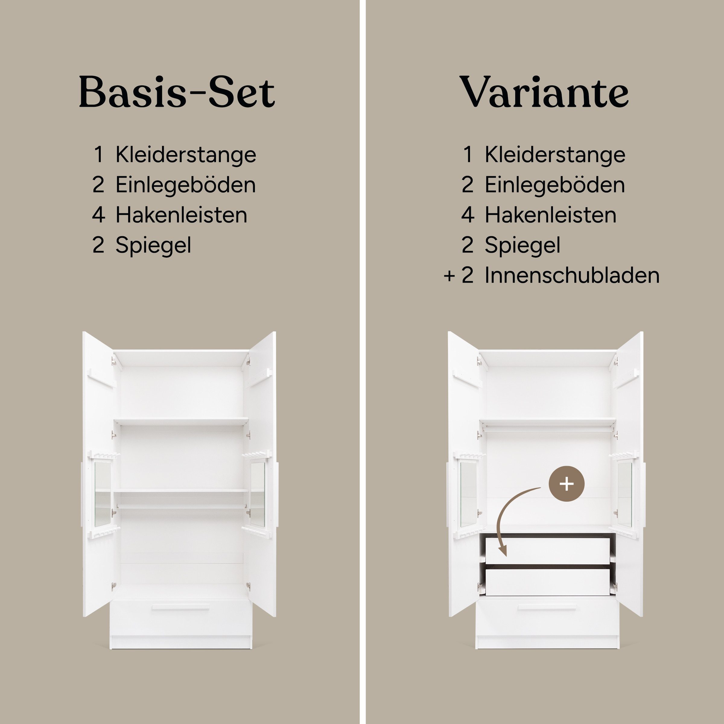 Ehrenkind Kleiderschrank Linia 100 cm aus Kiefernholz (inkl. Kleiderstange, 2 Einlegeböden, Schublade und 2 Innenschubladen, mehrstufige Stauraumlösung für Kleidung und Accessoires) flexible Innenaufteilung durch variables Rastersystem