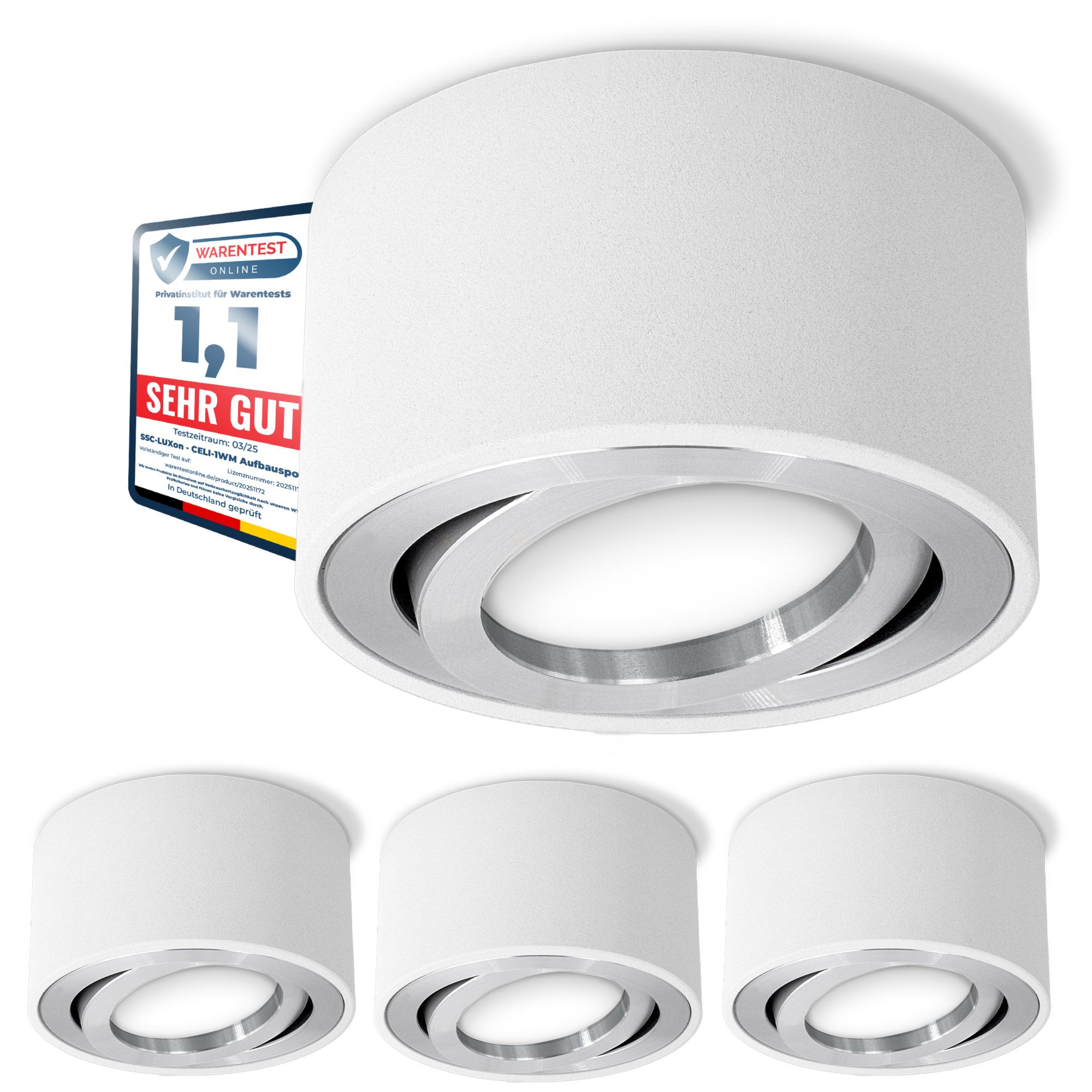 SSC-LUXon LED Aufbaustrahler CELI-1W flacher Aufbauspot weiss schwenkbar mit fourSTEP LED Modul 4W, Warmweiß