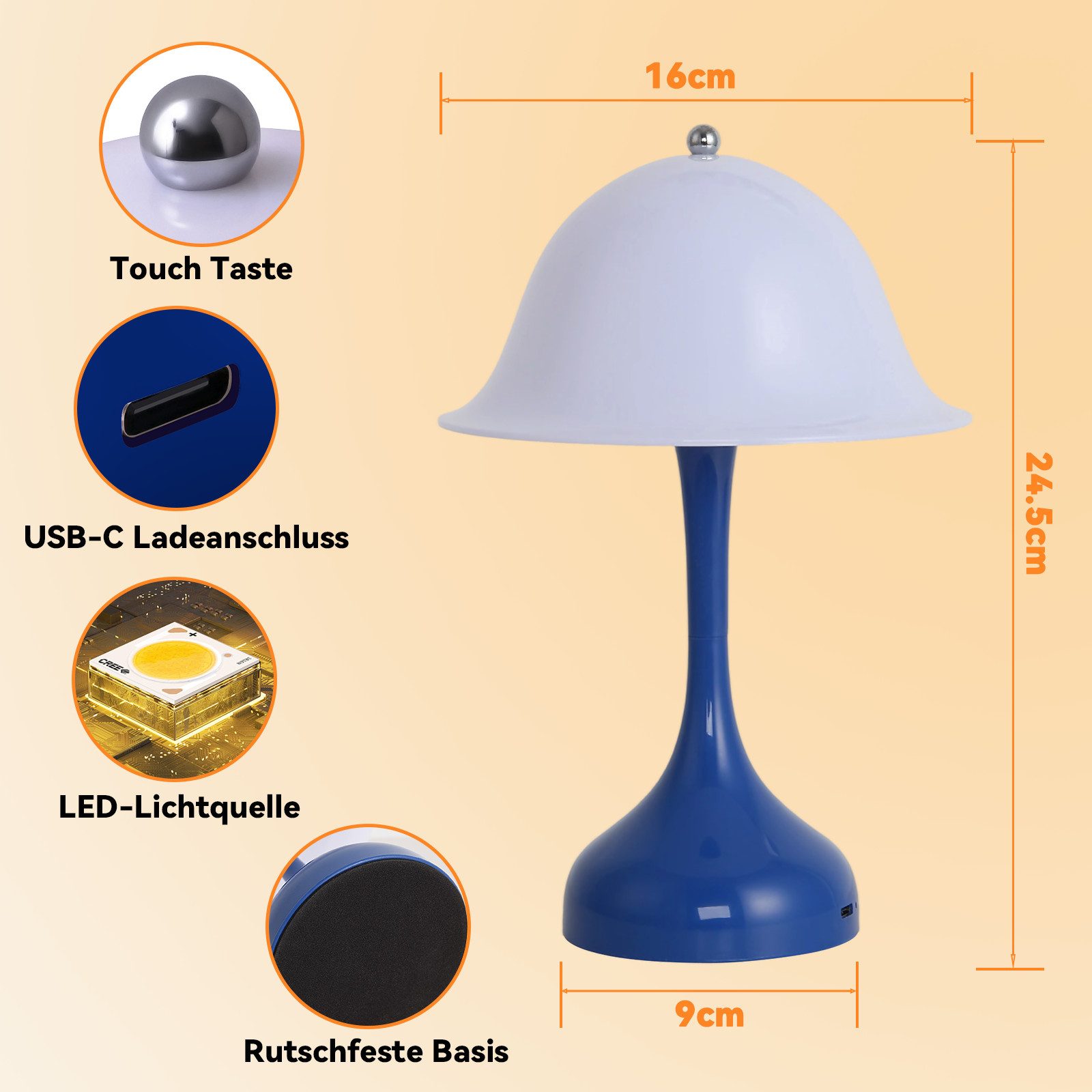 ZMH LED Tischleuchte Akku Tischlampe Aufladbar Touch Dimmbar Schlafzimmerlampe, USB-Ladefunktion, LED fest integriert, 2000K-6500k, Kabellose Nachttischleuchte Tragbare Lampe für Wohnzimmer