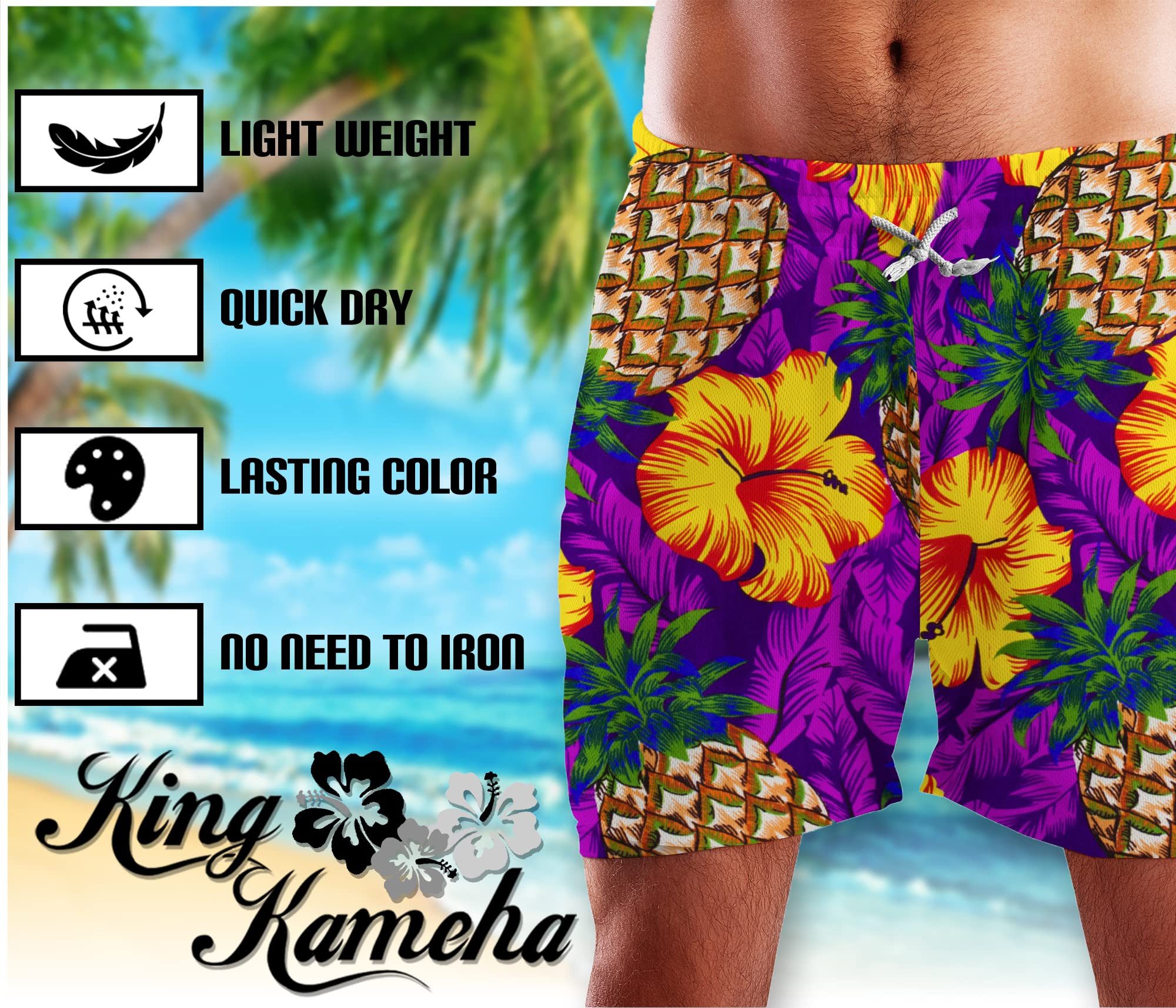 King Kameha Badeshorts Pineapple Hibiscus Hawaii Bade-Shorts Mesh-Einsatz Kordelzug Mit integriertem Mesh-Innenslip für extra Komfort