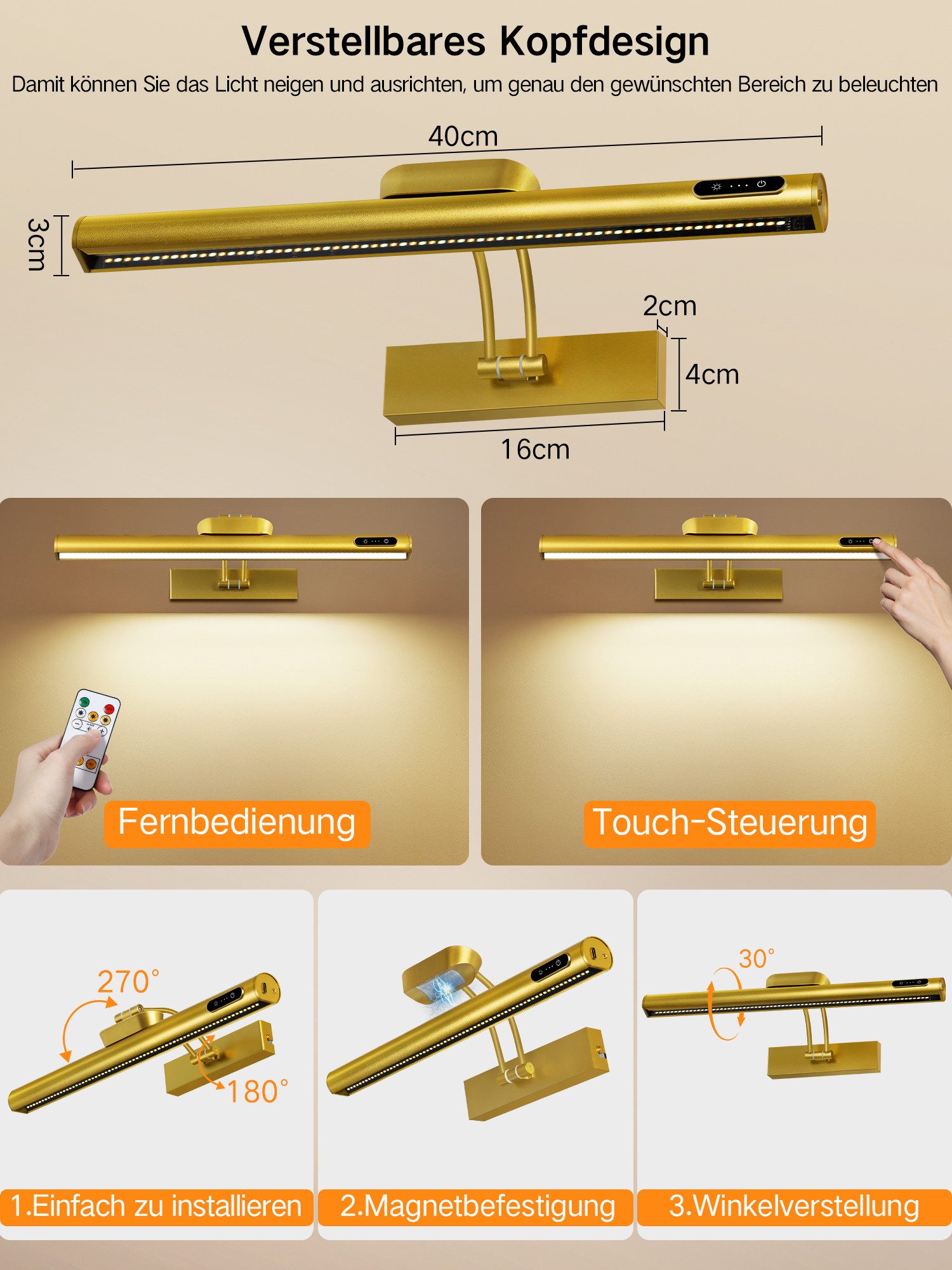 OUTON Bilderleuchte LED-Bilderleuchte mit 270° verstellbarem Arm & Akku