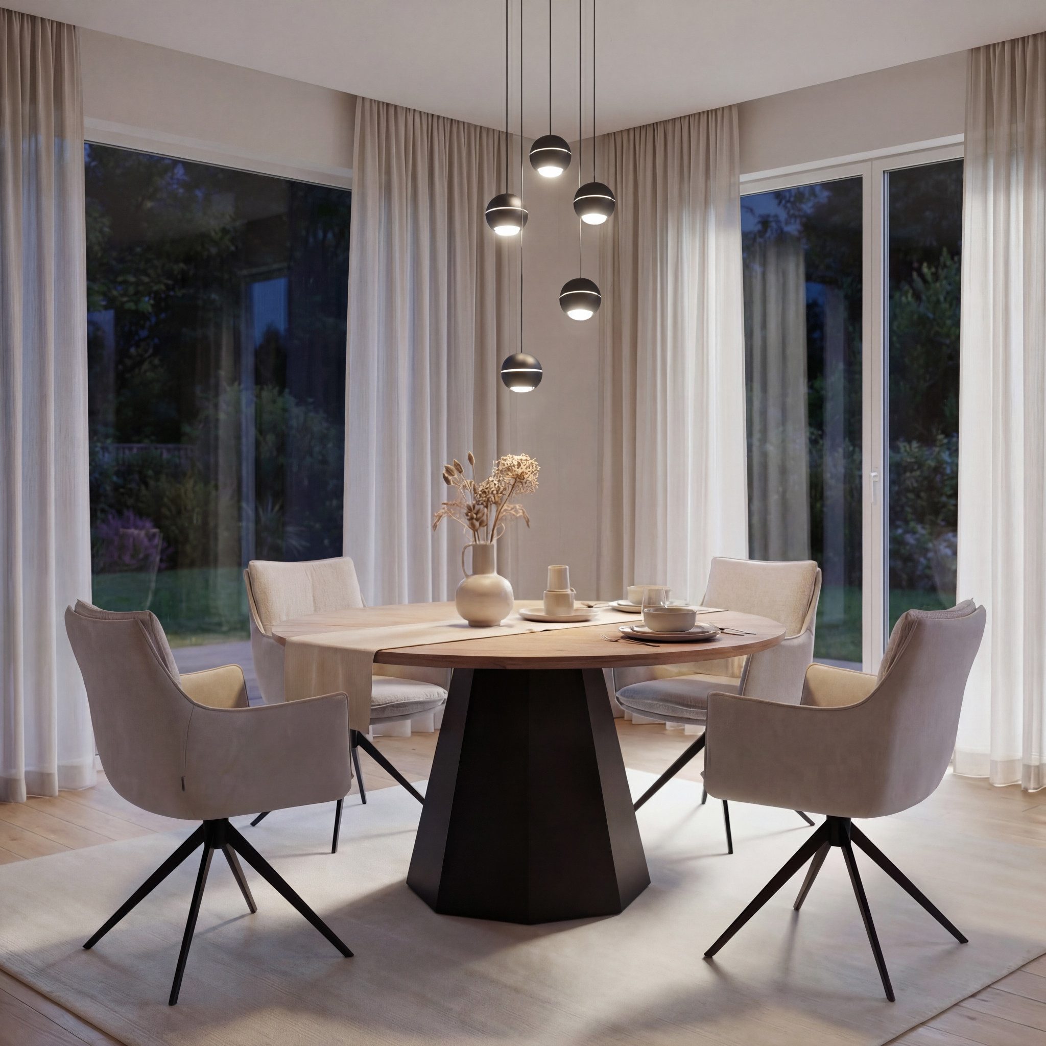 CASA DOMA LED Pendelleuchte Tavira Rondell, 5-flammig, für Esstische, höhenverstellbare Kugeln, dimmbar, LED fest integriert, Warmweiß, aus Metall, Cluster, Soft-Lift, 30 cm Durchmesser