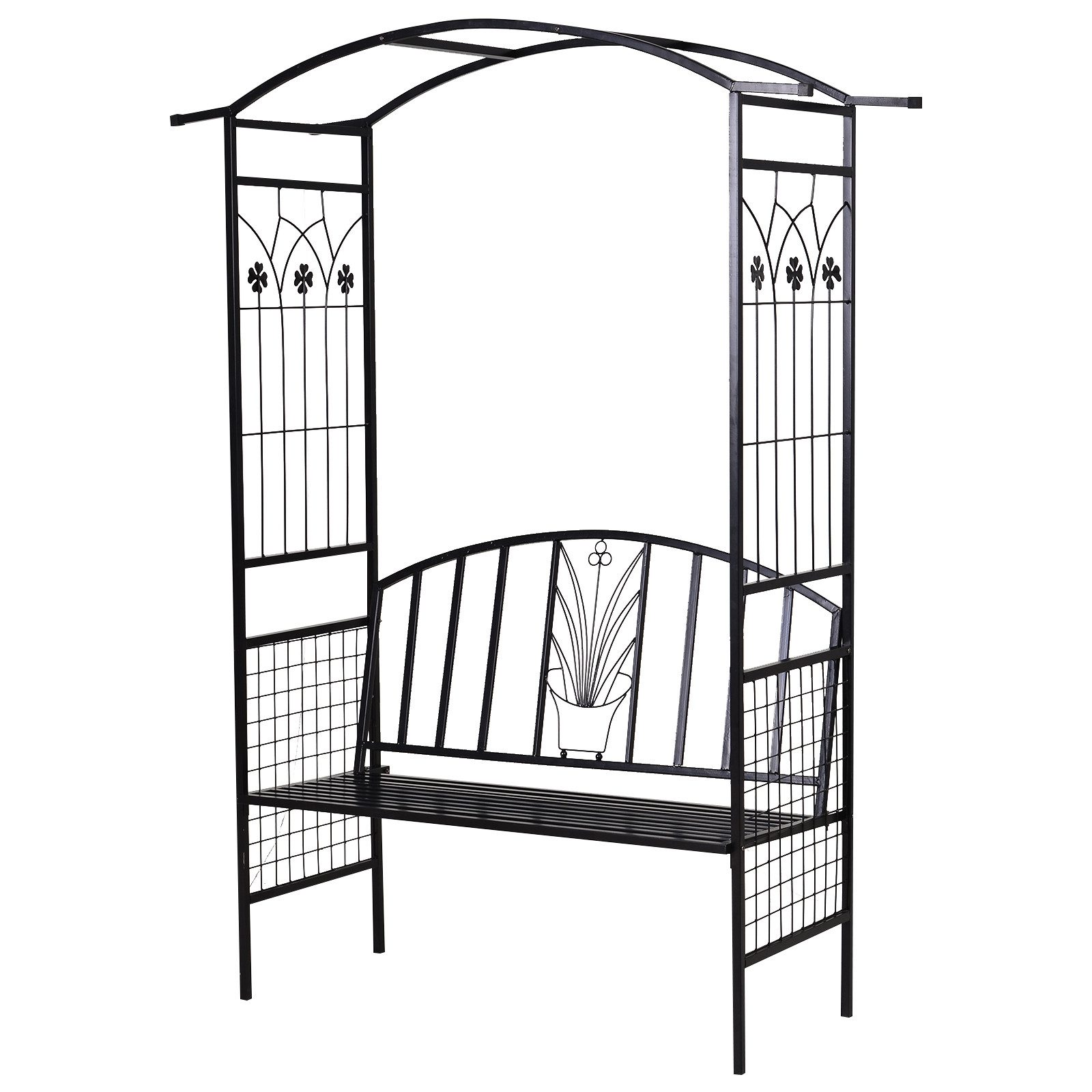 Outsunny Rosenbogen Torbogen Rankgitter Rankhilfe Garten Bogendach Sitzbank, 1 St., Pflanzbogen mit Bank, Metall Schwarz 154 x 60 x 205 cm – Bild 2 von 5