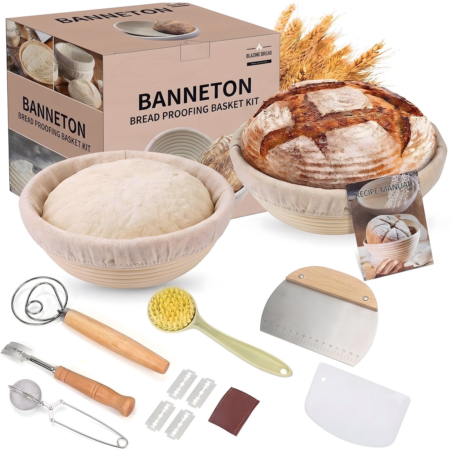 HEYHIPPO Gärkorb 2er Set Banneton Gärkorb 23×8 cm, Sauerteigkorb mit 6 Zubehörteilen, (Set 9-tlg), Rattan Gärkorb Set, Sauerteig Brotbackset mit Teigschaber & R – Bild 4 von 5