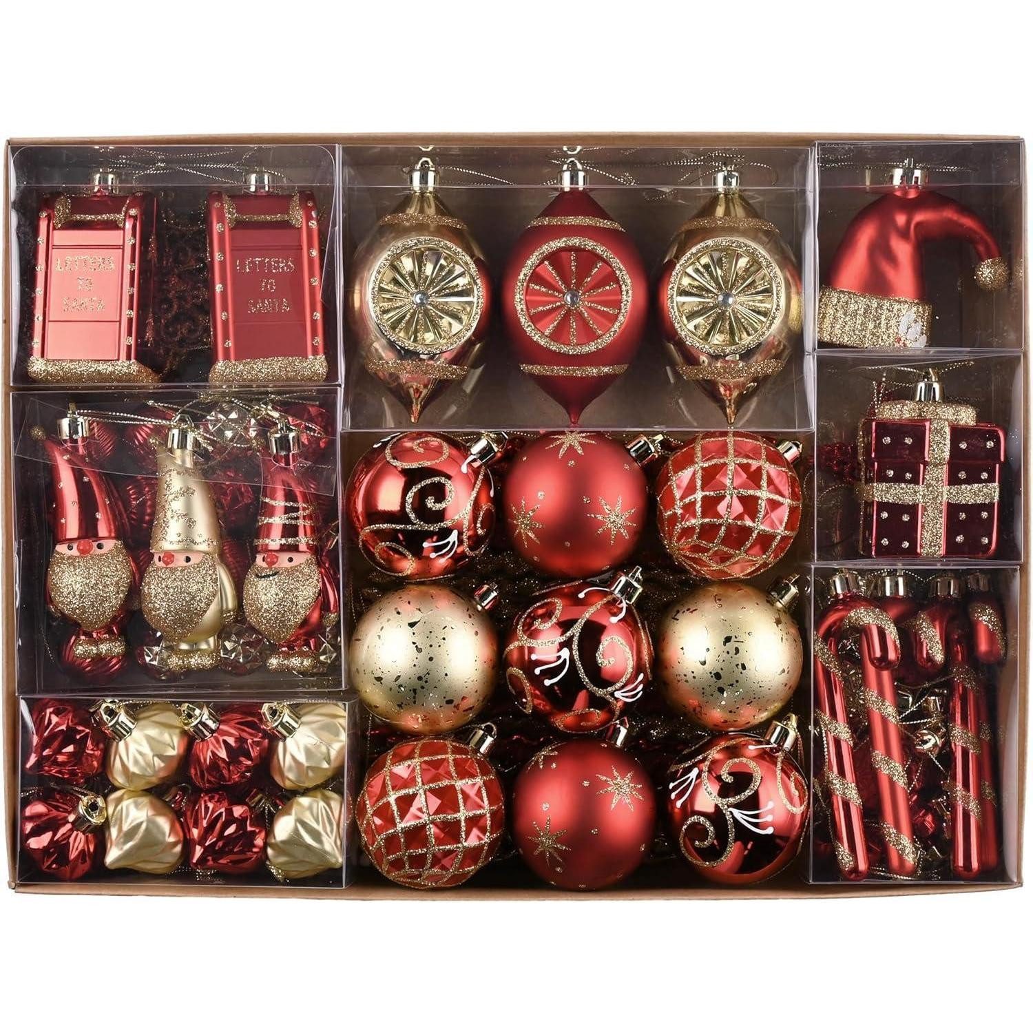 LuxusKollektion Baumbehang 100 Weihnachtskugeln, Christbaumschmuck in Rot Gold, mit Geschenkpaket